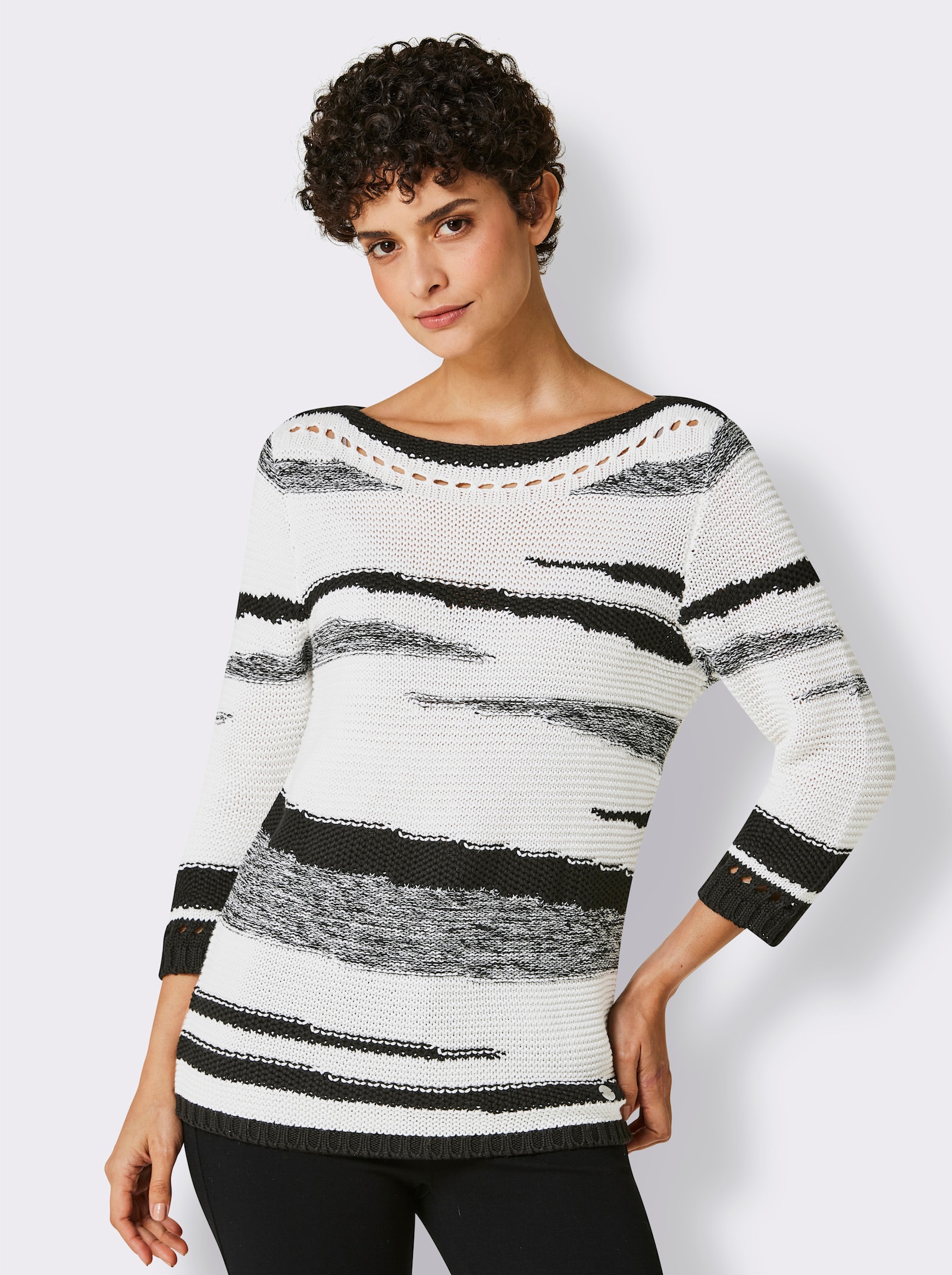 CREATION L PREMIUM 3/4 Arm-Pullover mit platziertem Lochmuster - weiß-schwarz-gemustert