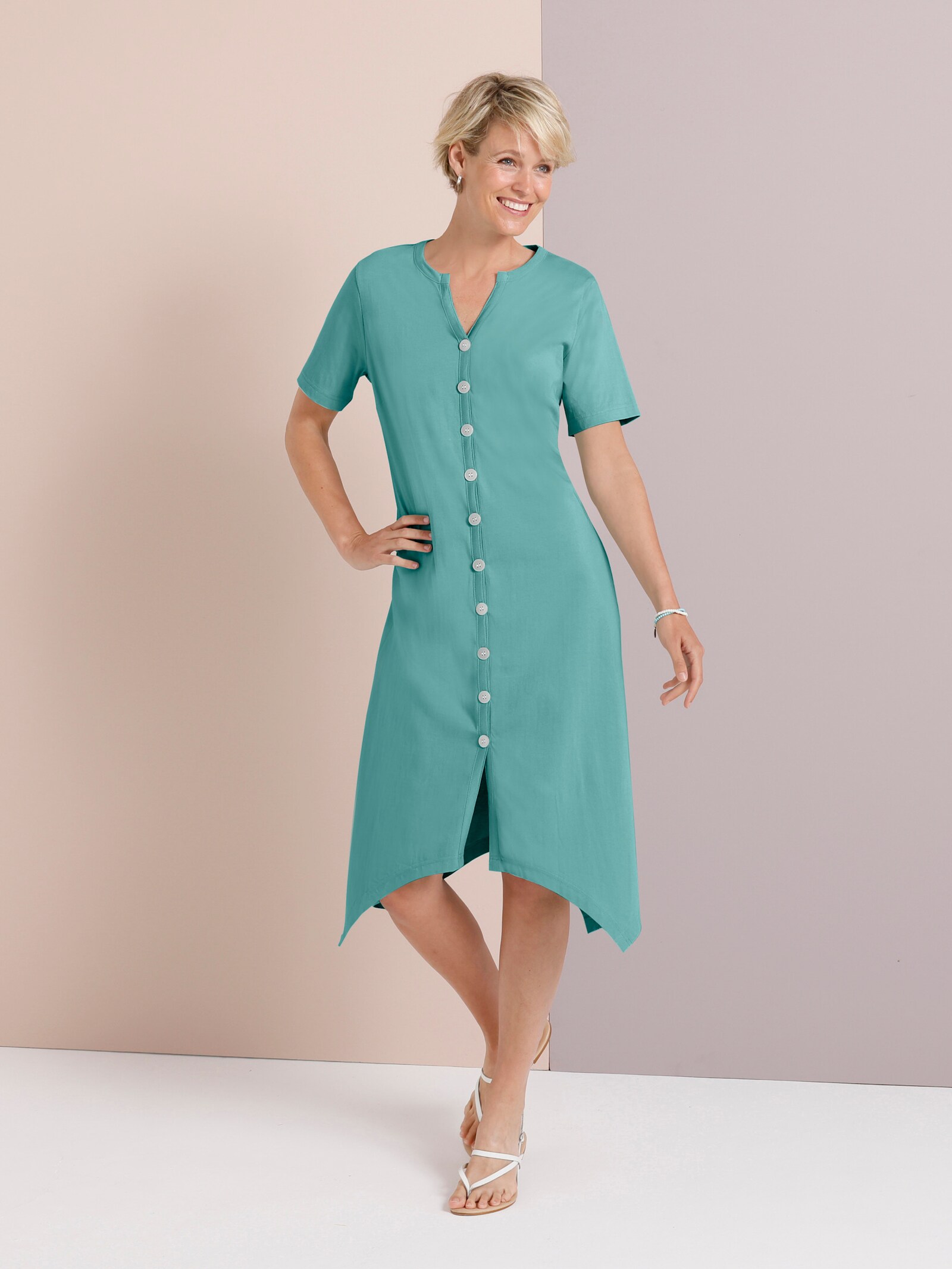 A-Linien-Kleid mit durchgehender Knopfleiste - salbei