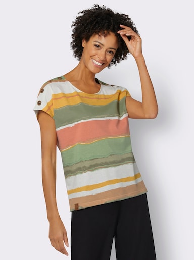 Kurzarmshirt mit Knöpfen in Holz-Optik - khaki-ecru-bedruckt