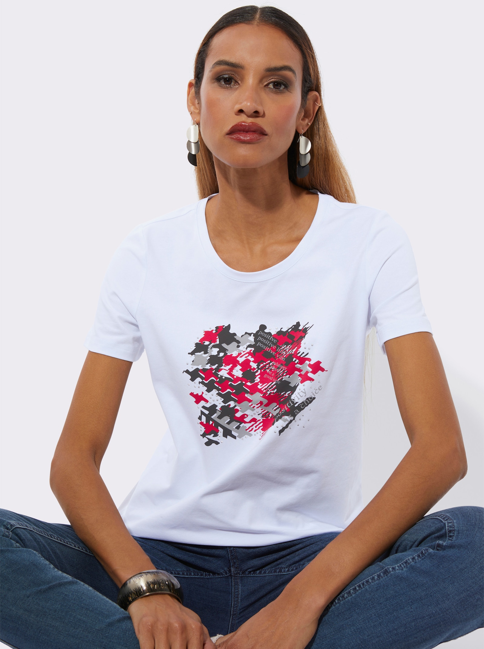 Rundhalsshirt - weiß-rot-bedruckt