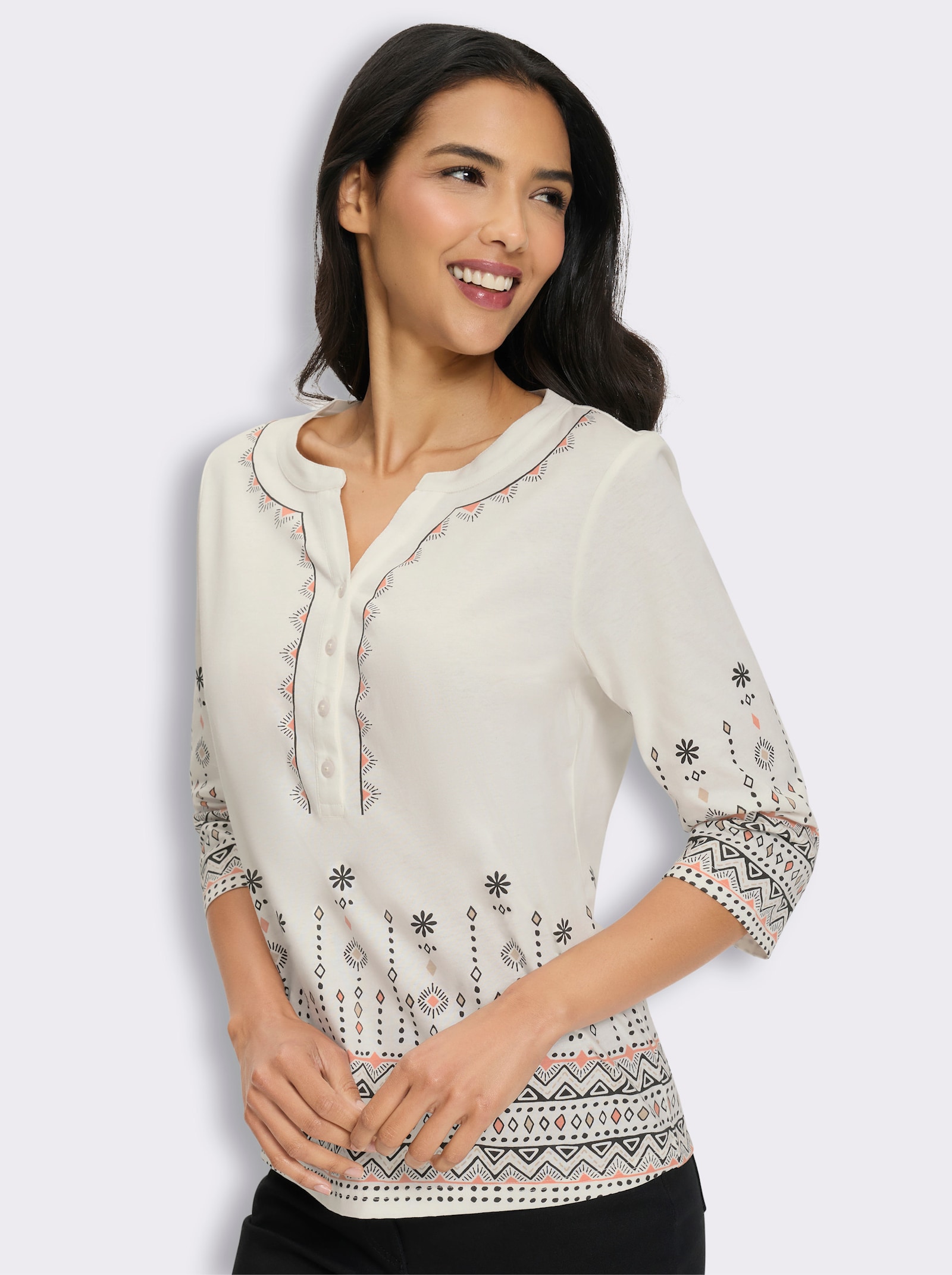 3/4-Arm-Shirt mit kurzer Knopfleiste - ecru-schwarz-bedruckt