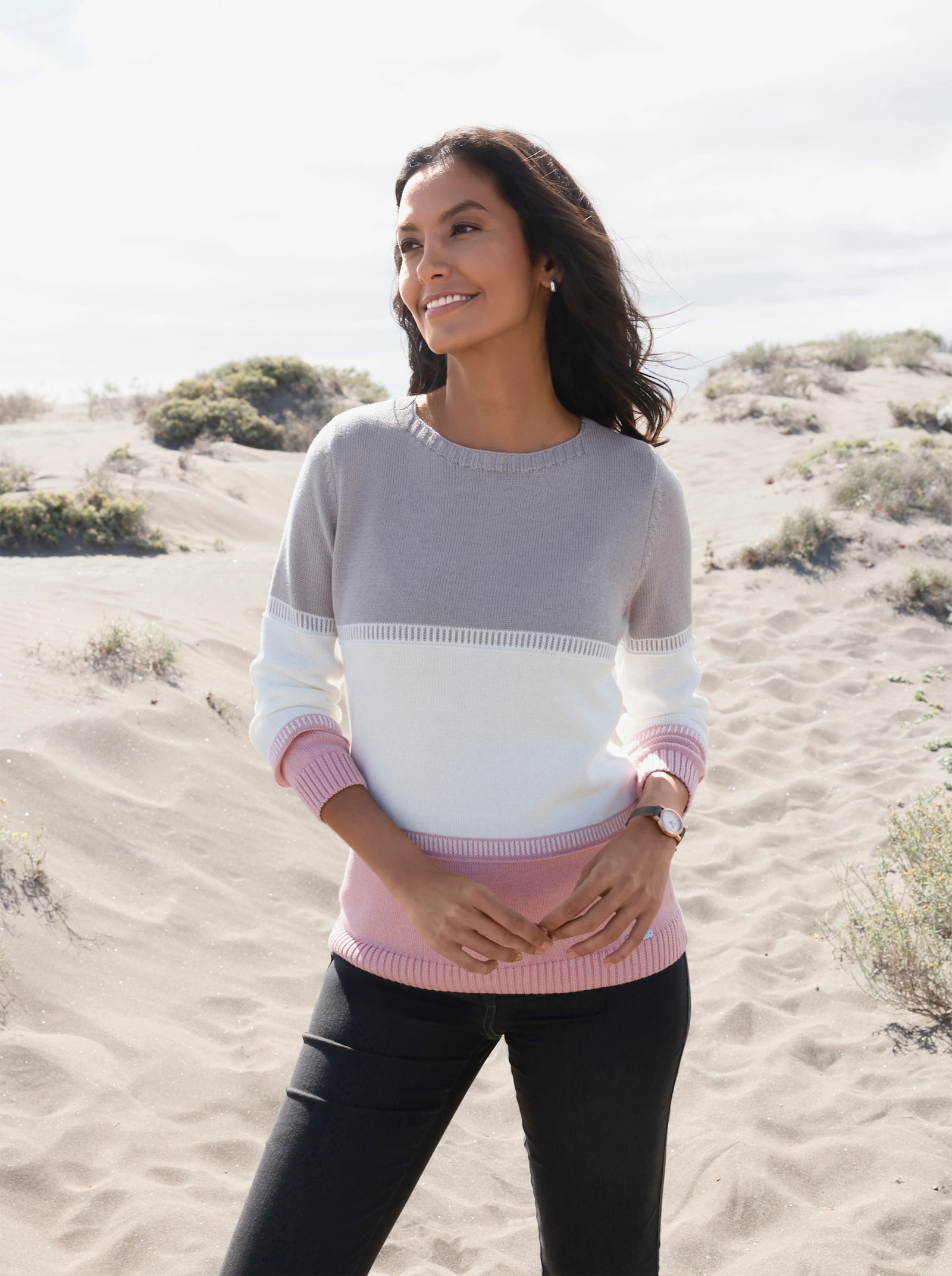 Rundhalspullover im Blockstreifenmuster - hortensie-ecru-gemustert