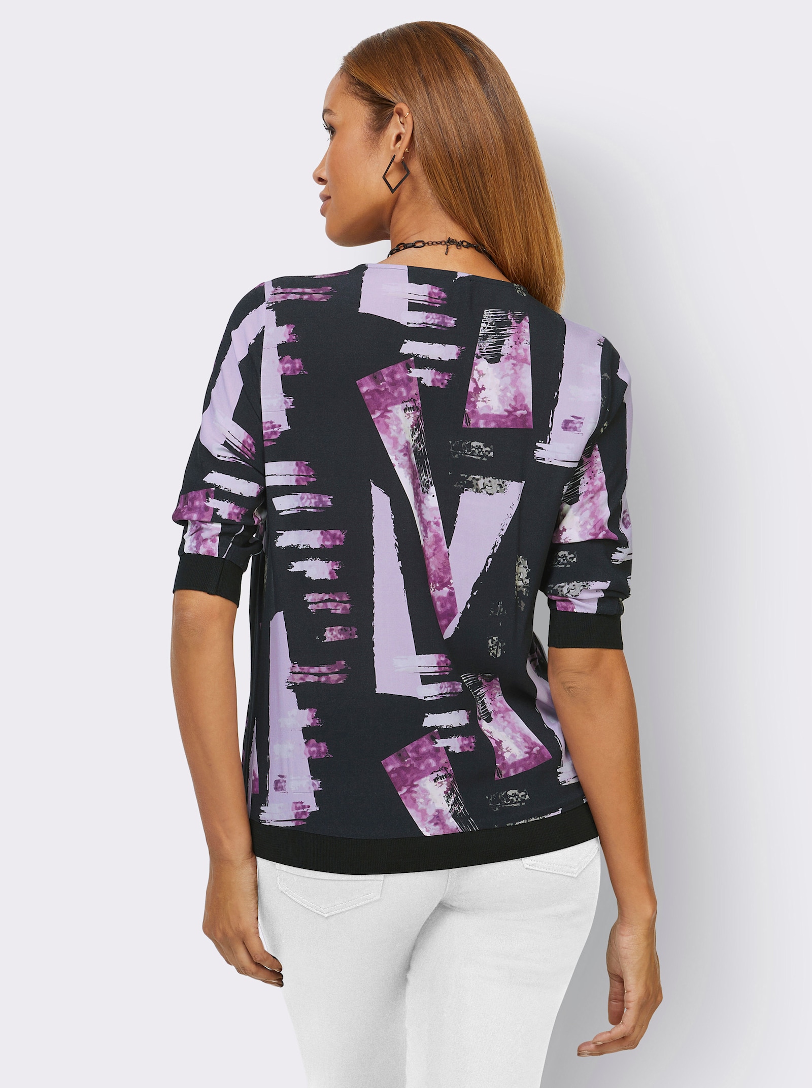 Druckbluse mit Reißverschluss - schwarz-flieder-bedruckt