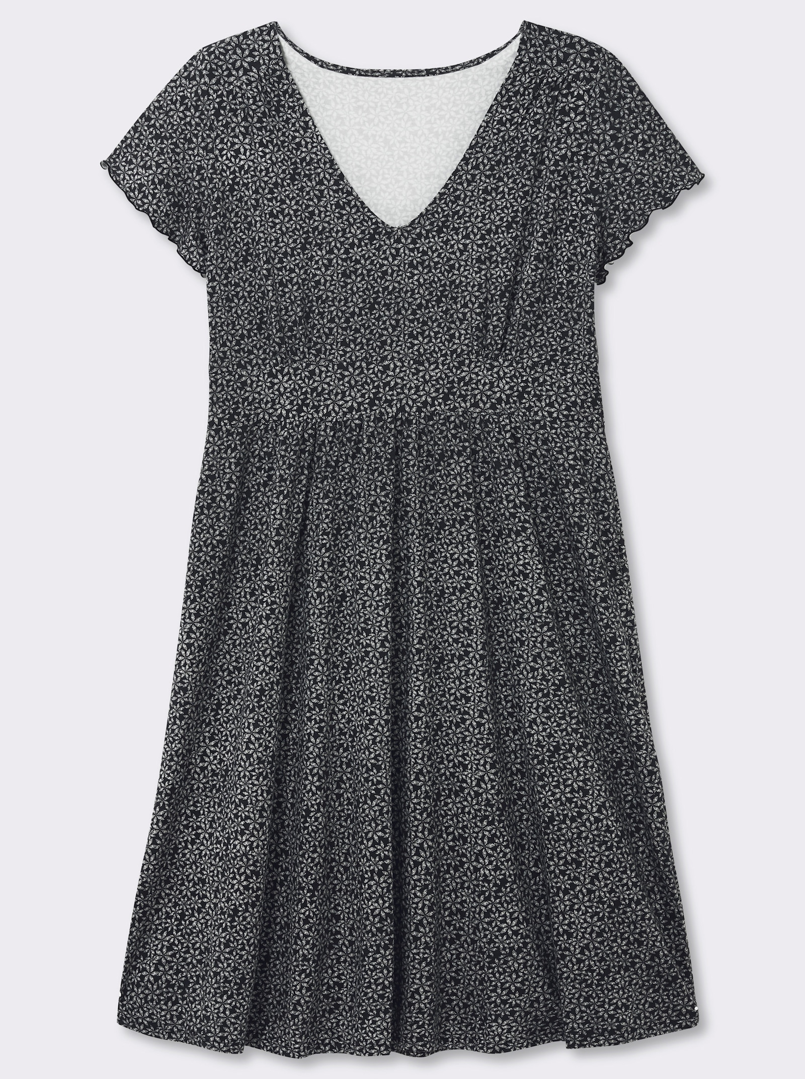 Jerseykleid mit Flügelärmeln und Smokpartie hinten - schwarz-weiß-bedruckt