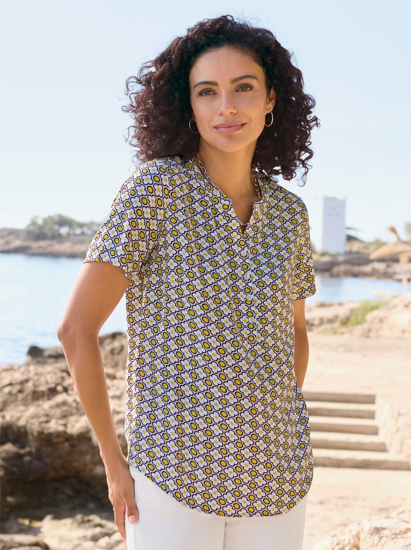 Kurzarmbluse in Schlupfform - sand-limone-bedruckt