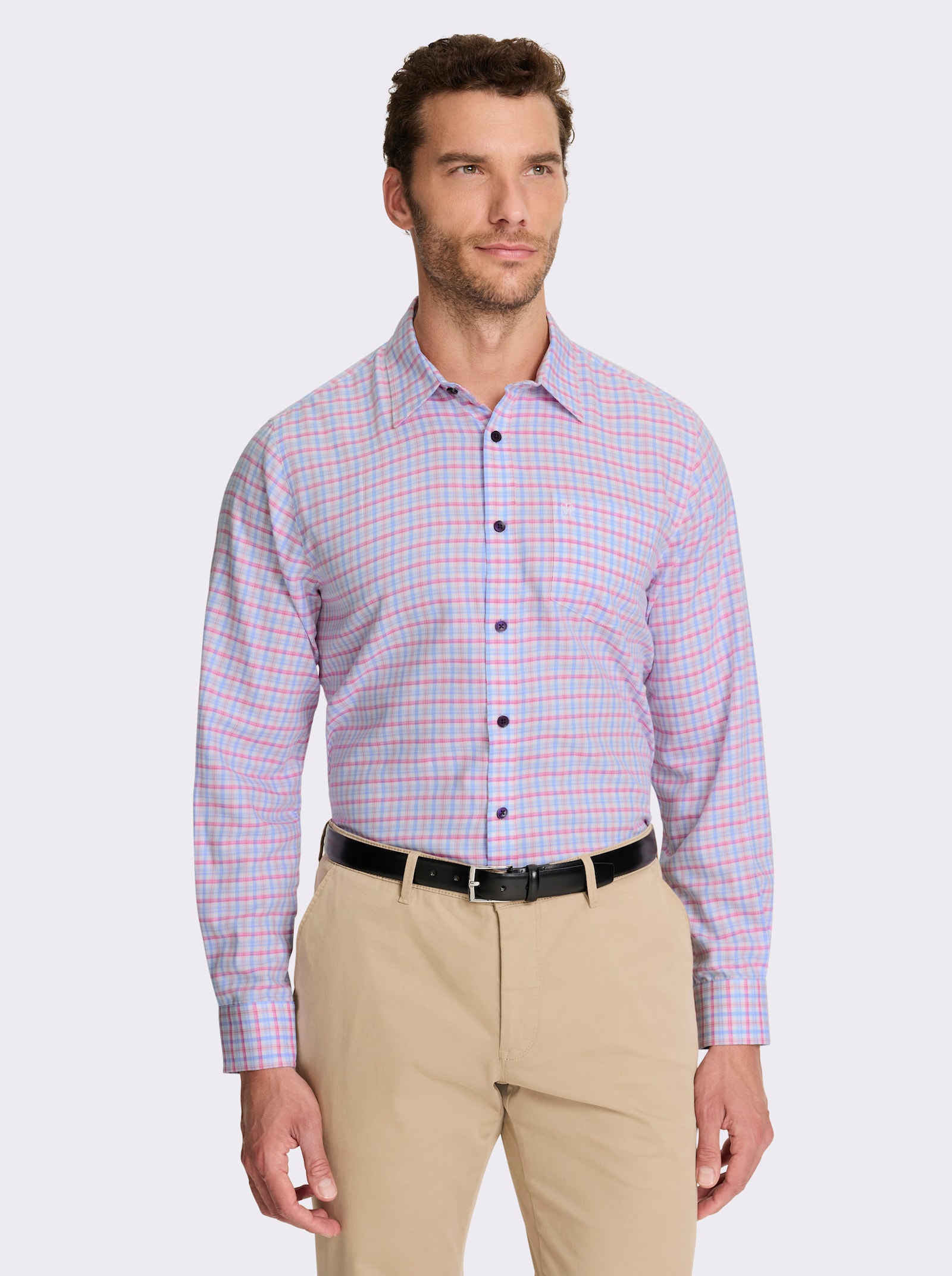 Marco Donati Langarmhemd in bügelfreier Popeline-Qualität - himmelblau-fuchsia-kariert