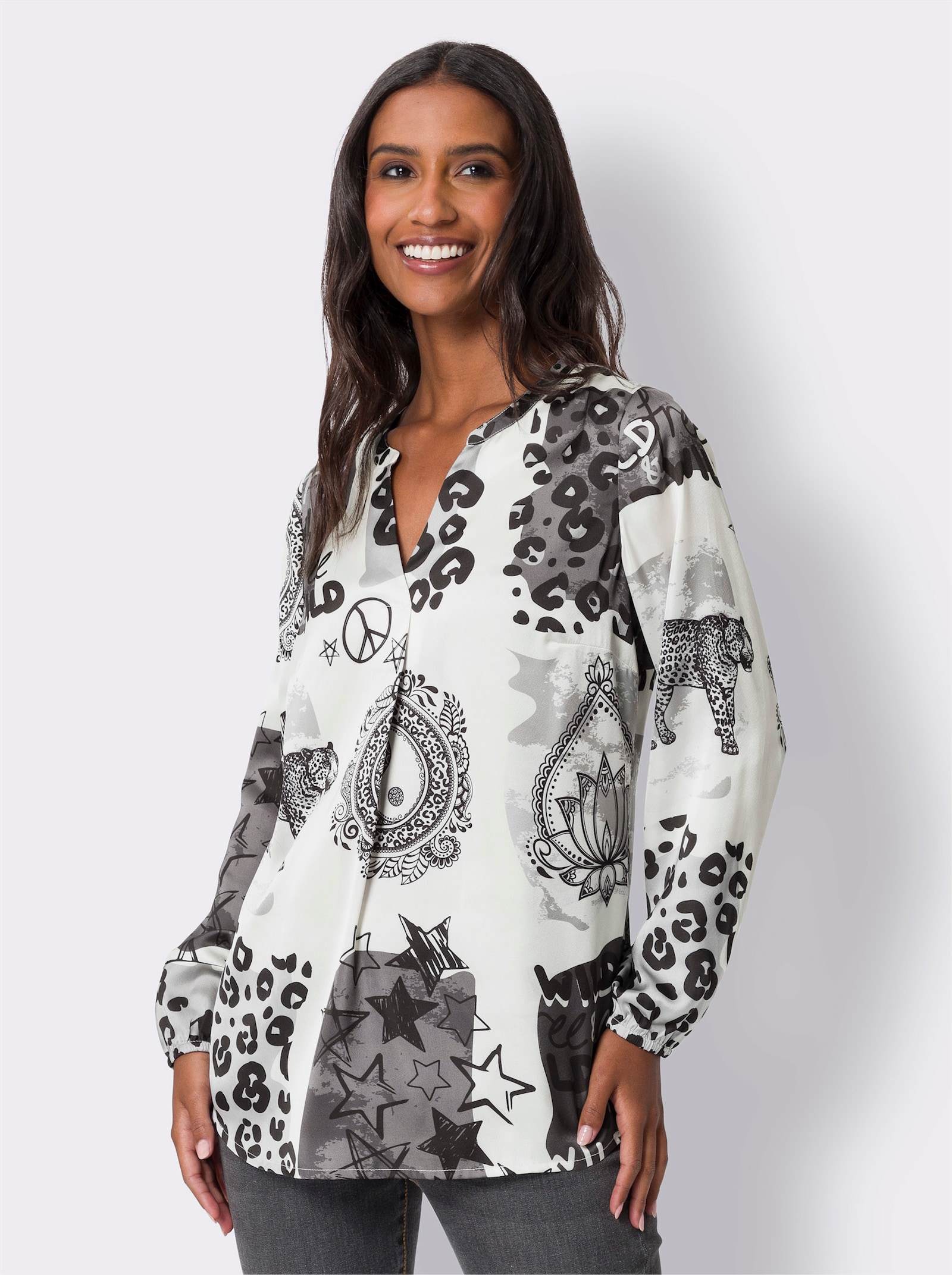 heine Druckbluse mit Muster-Mix - champagner-schwarz-bedruckt