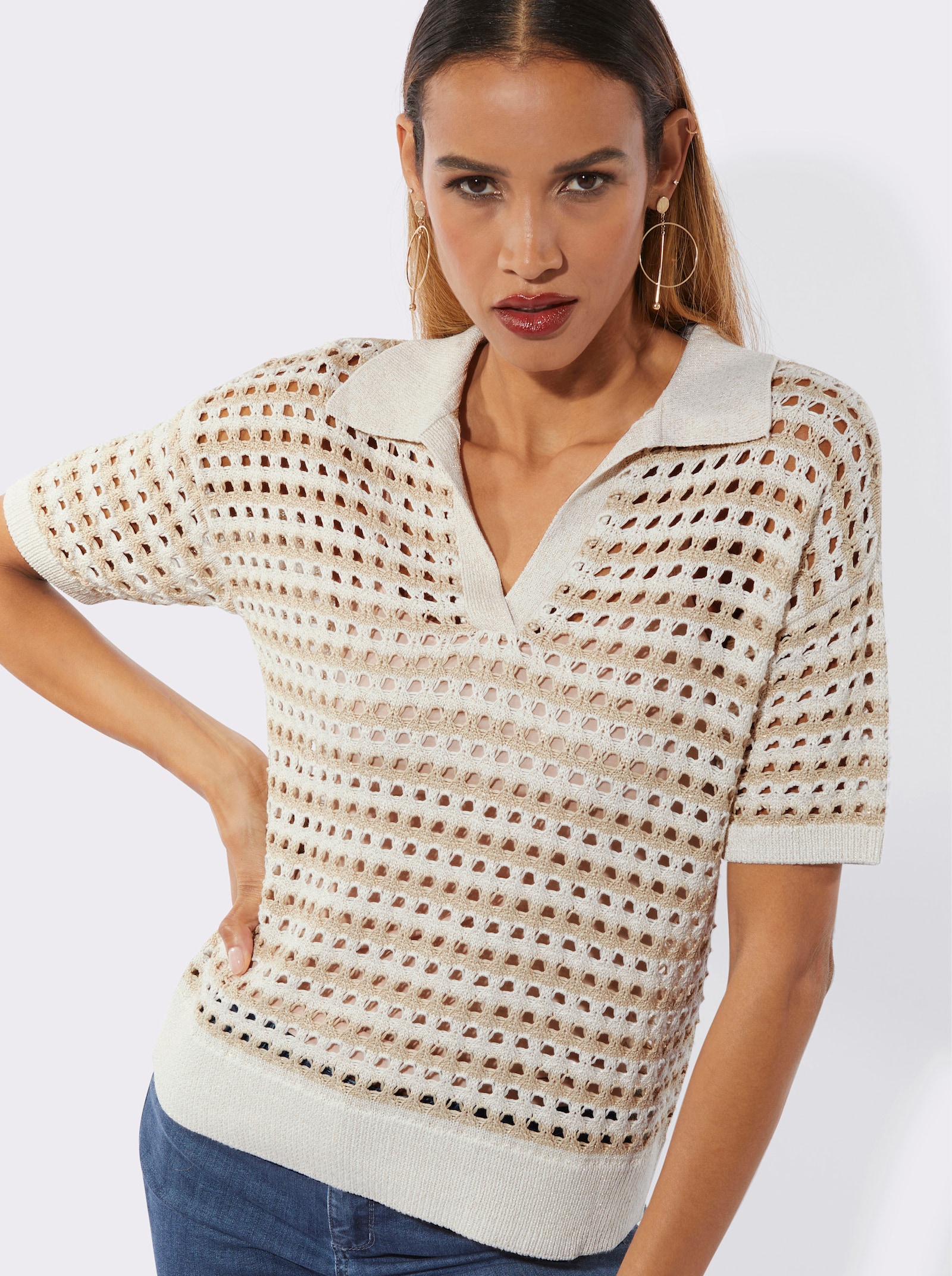 Polopullover in mix van viscose, polyester en lyocell - ecru/zand gedessineerd