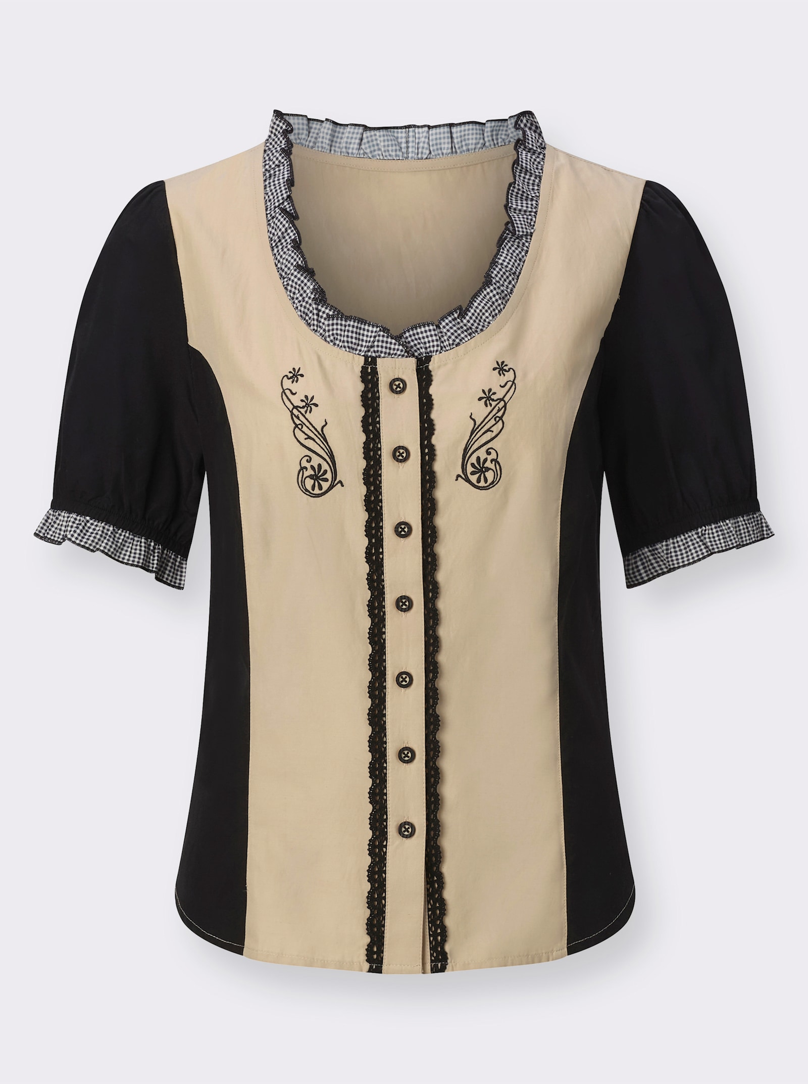 Folkloreblouse met ruches - zand/zwart