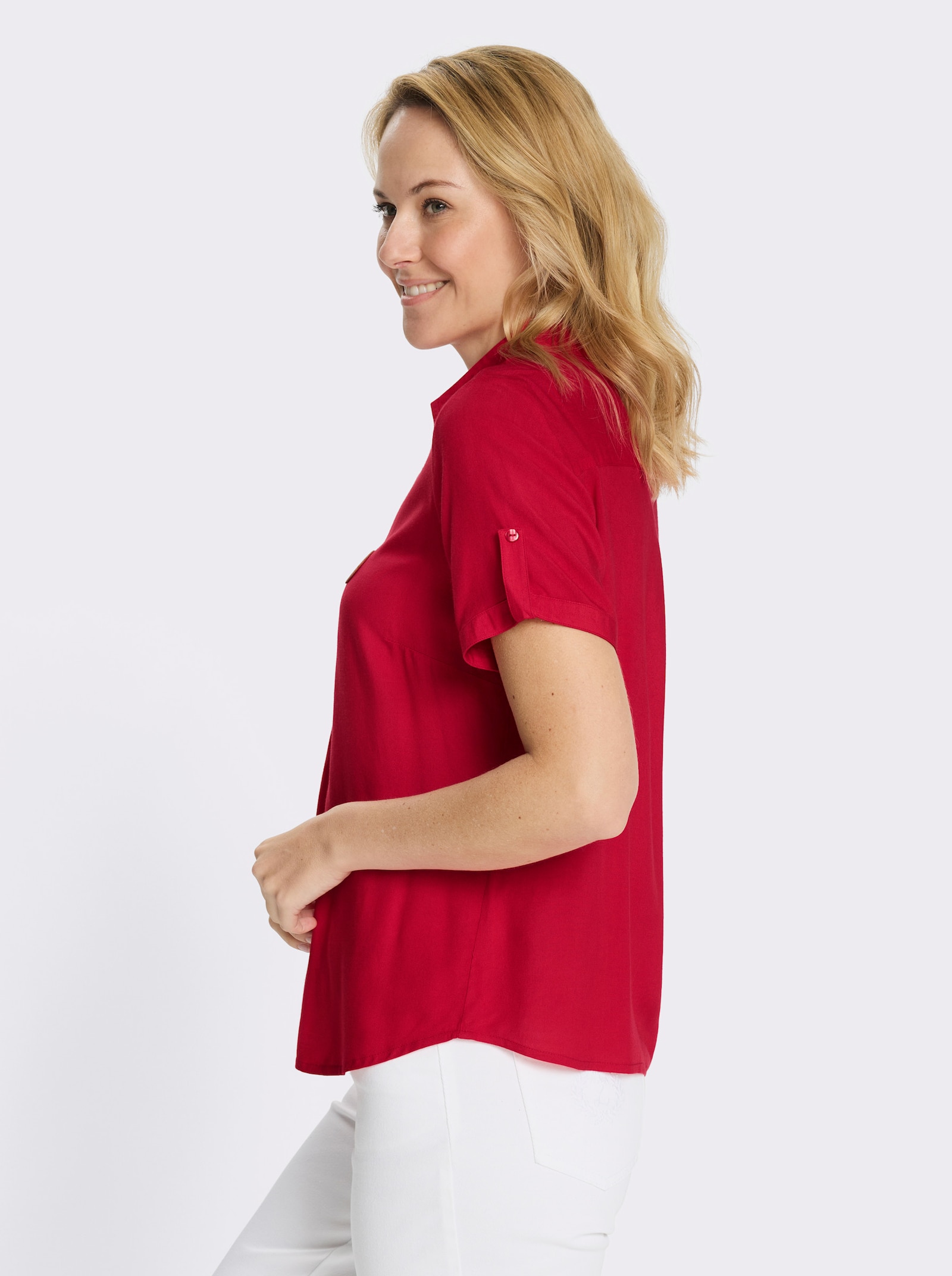 Kurzarmbluse mit Applikation in Leder-Optik - rot