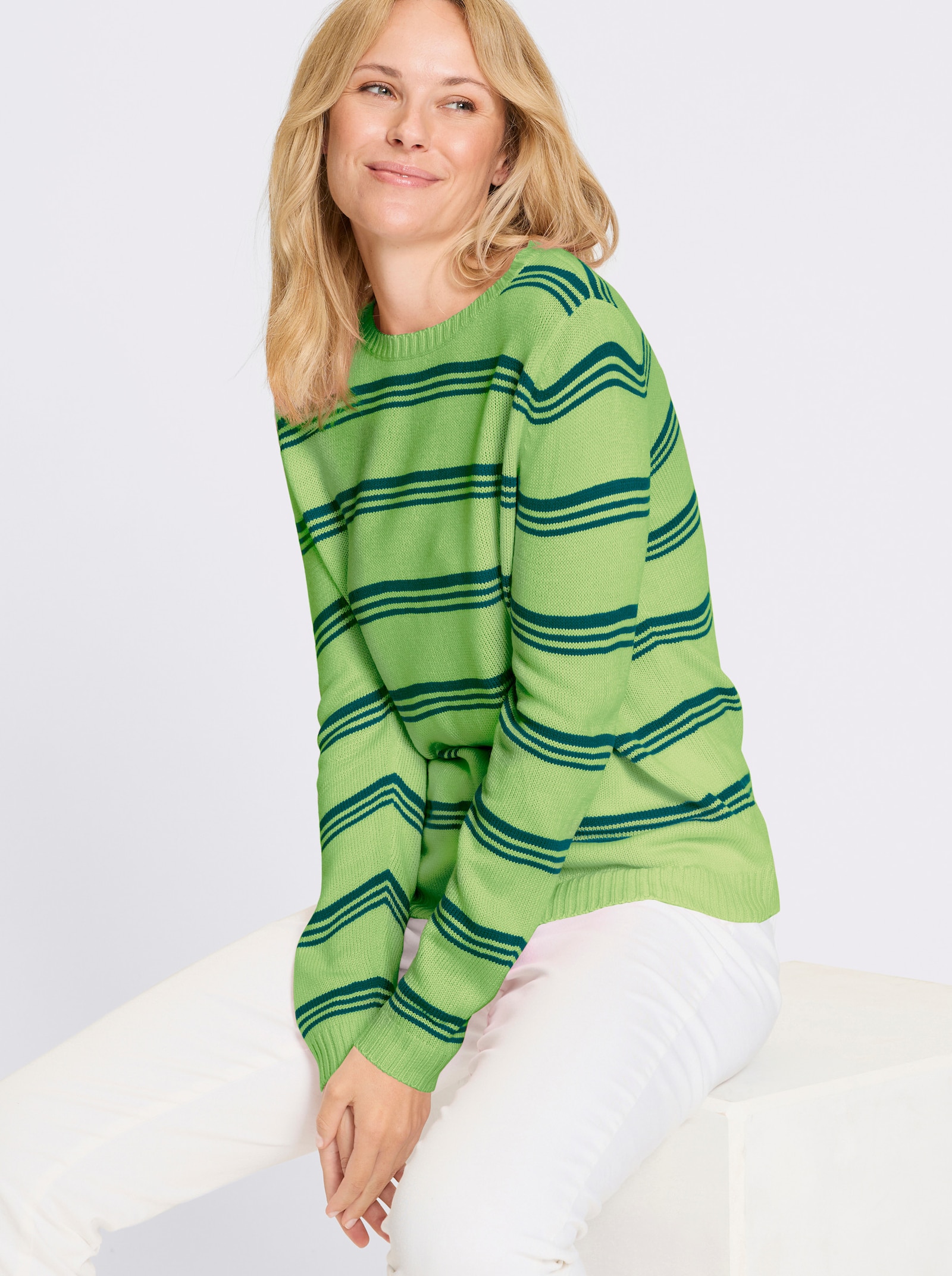 Rundhalspullover im Ringel-Dessin - reseda-grün-geringelt