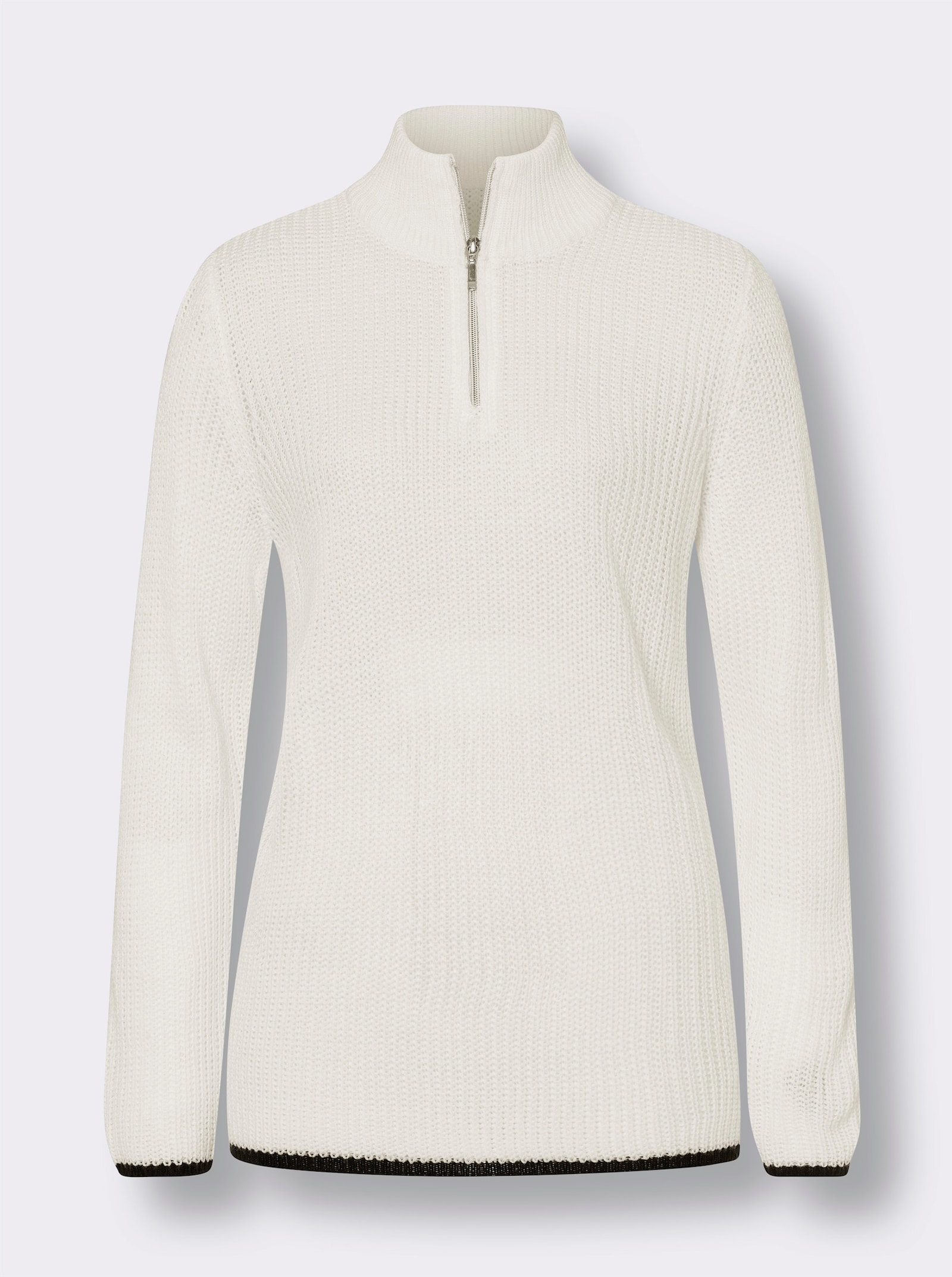 Langarm-Pullover mit Reißverschluss am Stehkragen - weiß