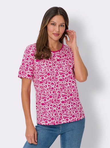 Rundhals-Shirt - fuchsia-ecru-bedruckt