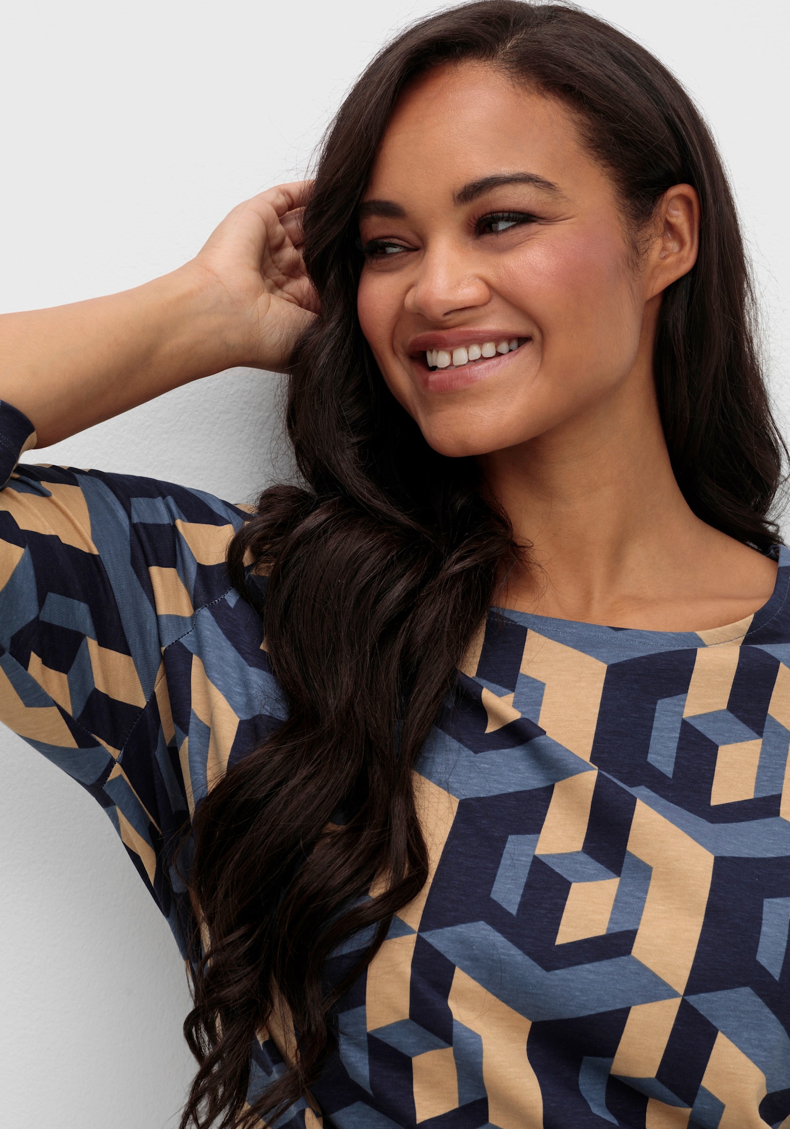 3/4-Arm-Shirt mit grafischem Print - marine-camel-bedruckt