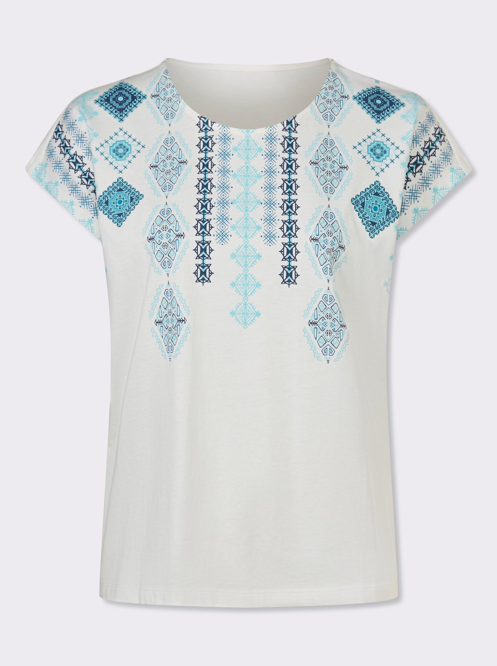 Shirt met korte mouwen en op dessin geplaatste etnoprint - ecru/donkerblauw