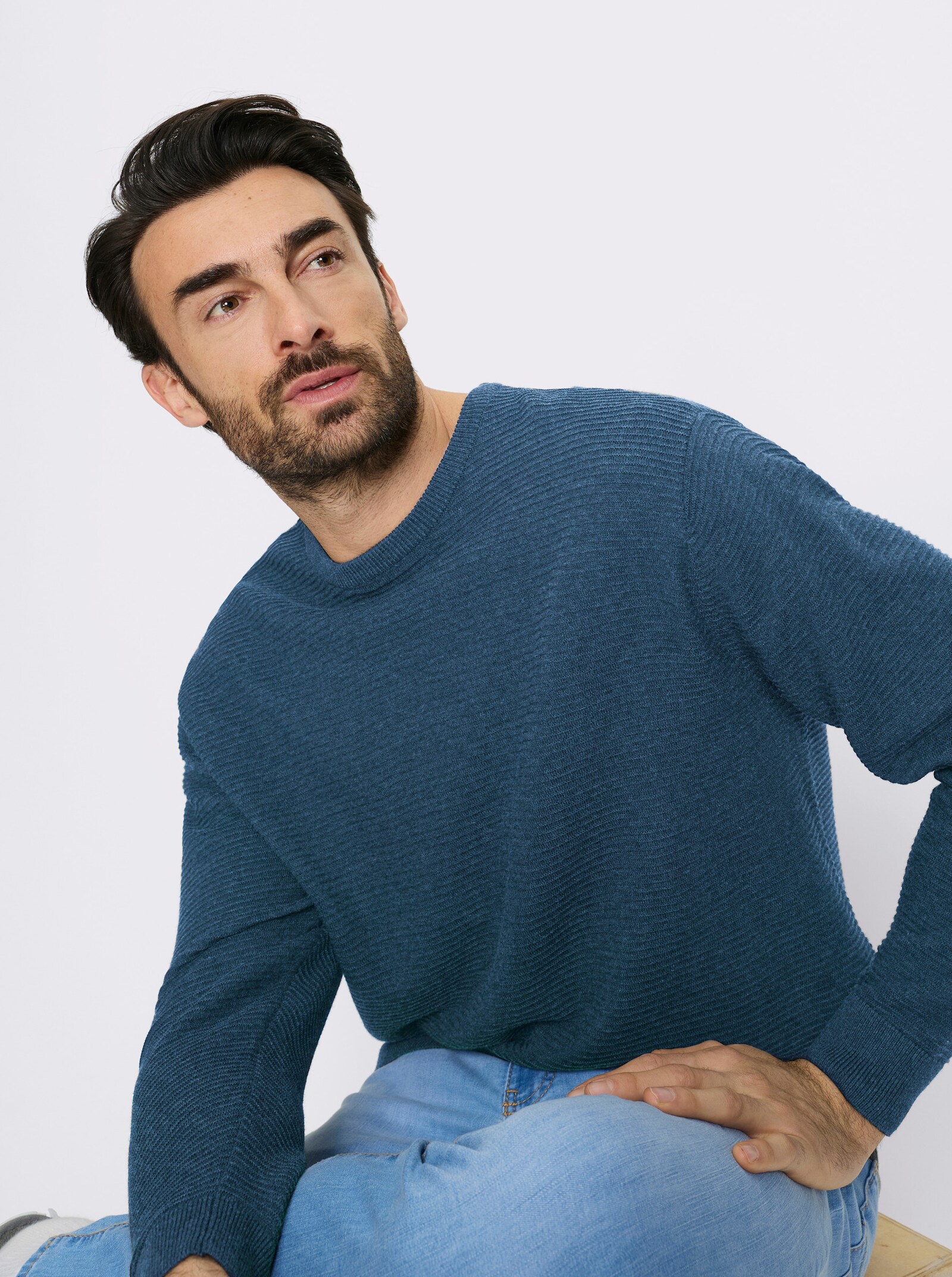 Marco Donati Rundhalspullover mit Linksstrick-Muster - jeansblau-meliert