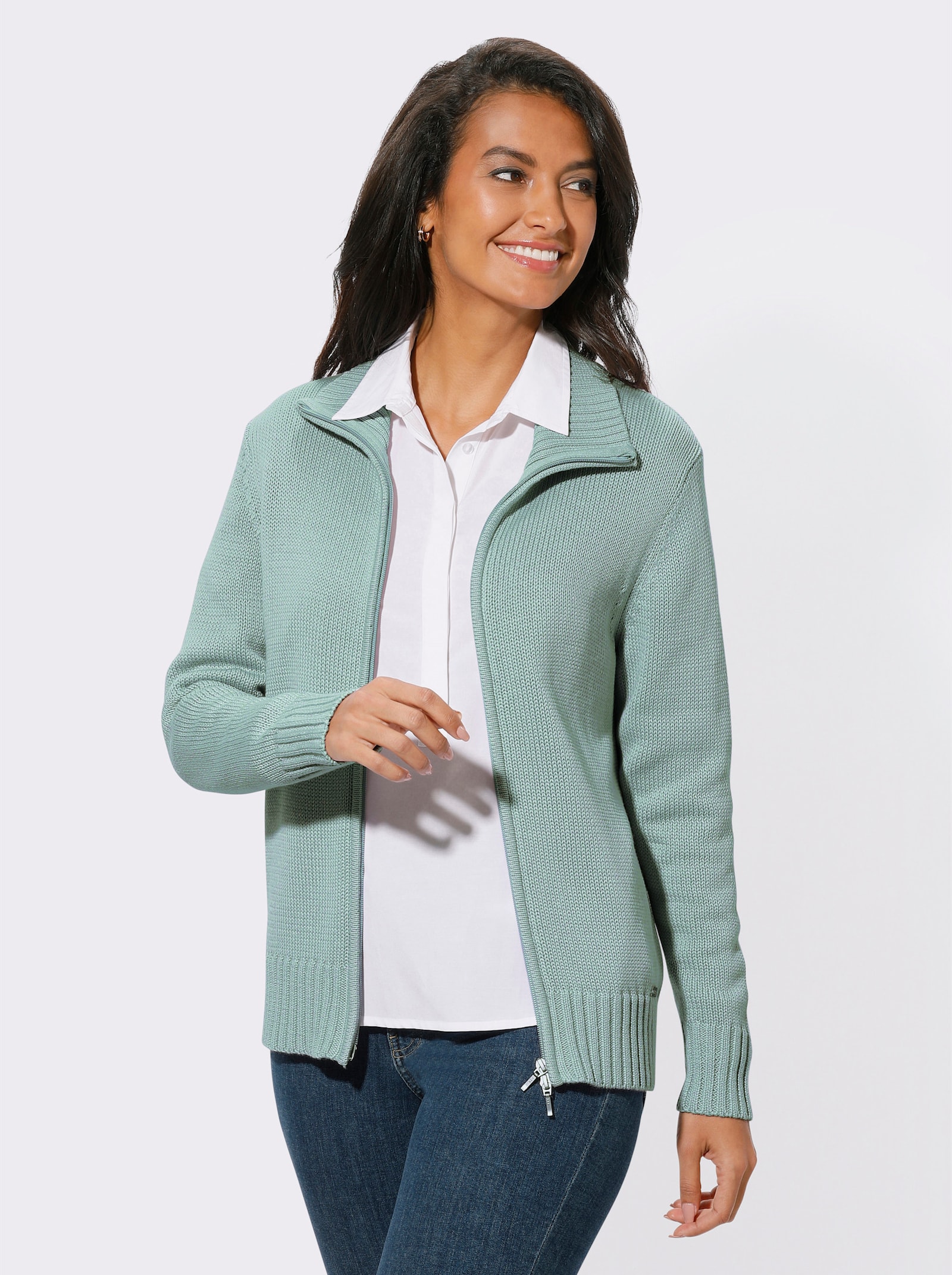 Strickjacke mit 2-Wege-Reißverschluss - kalkmint
