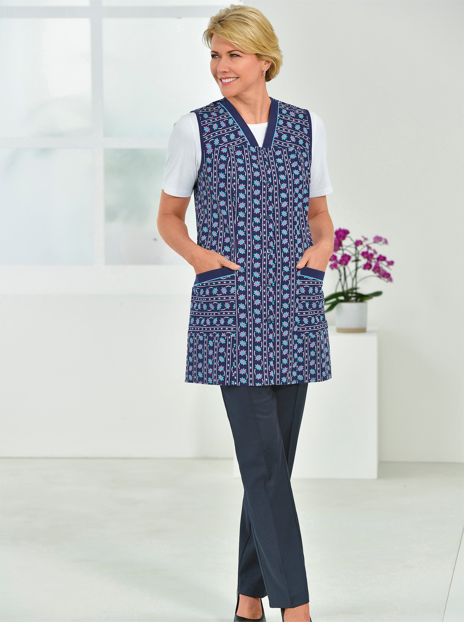 Kasack mit Riegel am Rücken - türkis-bedruckt