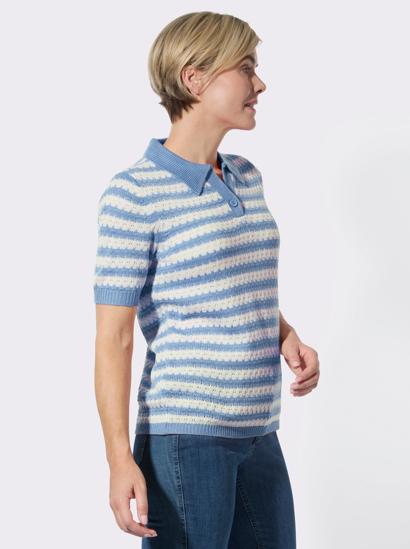 Polopullover mit Ajourmuster - bleu-ecru-geringelt