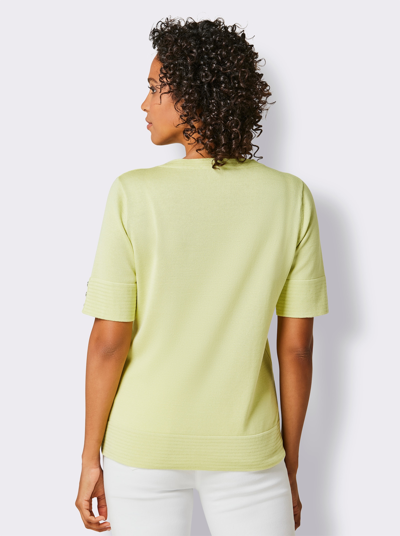 CREATION L PREMIUM Kurzarmpullover mit Glanzgarn-Abschlüssen - pistazie