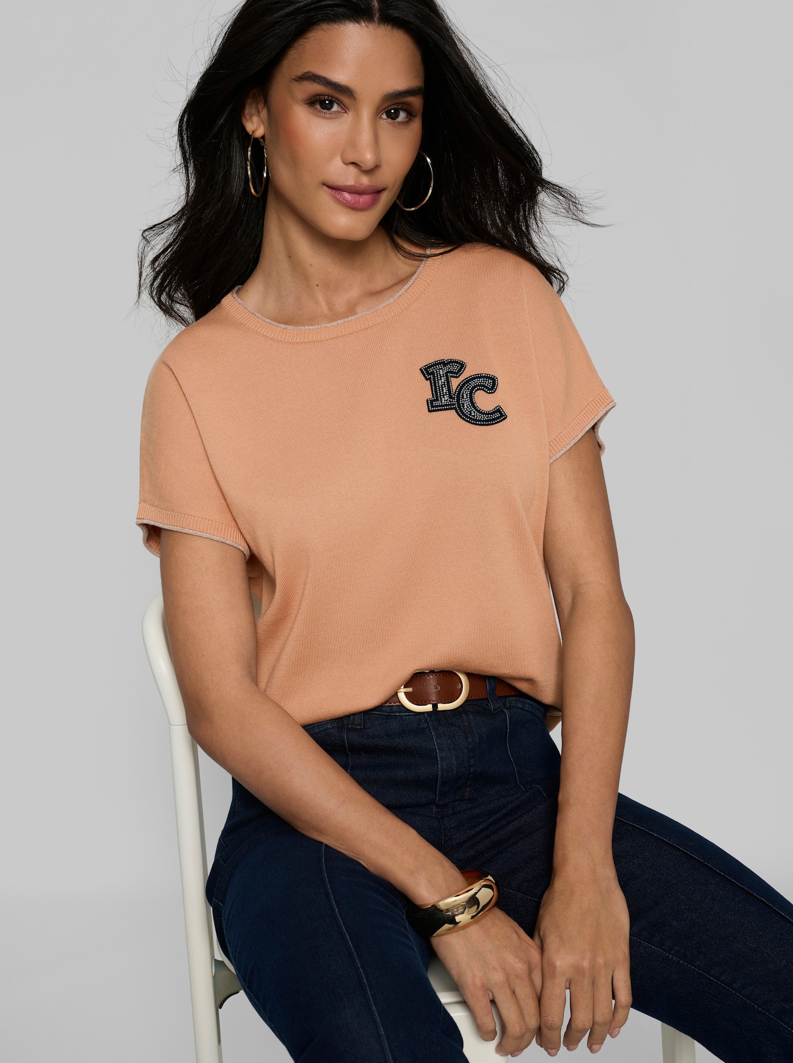 heine Kurzarmpullover mit RC-Applikation - camel