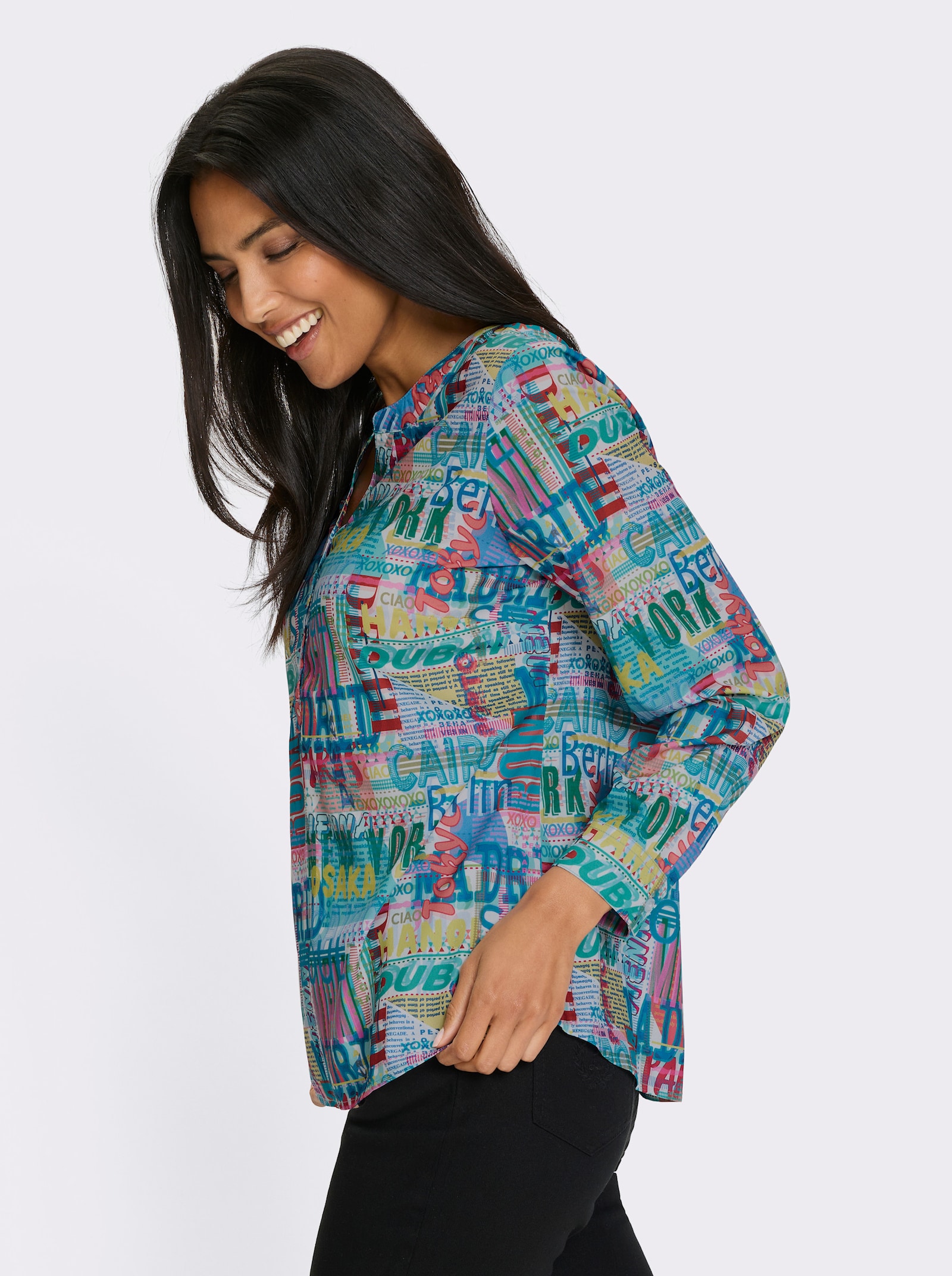 Langarm-Bluse im Digital-Druck - weiß-türkis-bedruckt