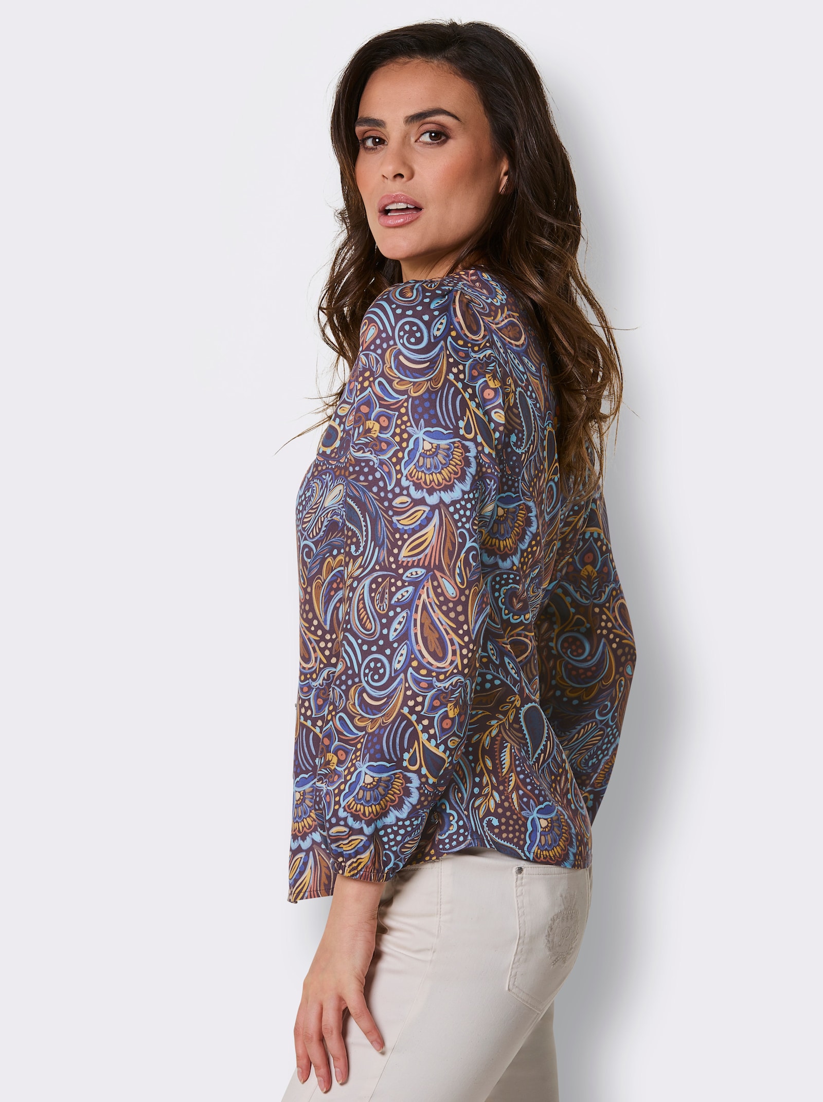 CREATION L PREMIUM Druckbluse mit Paisley-Dessin - taubenblau-ecru-gemustert