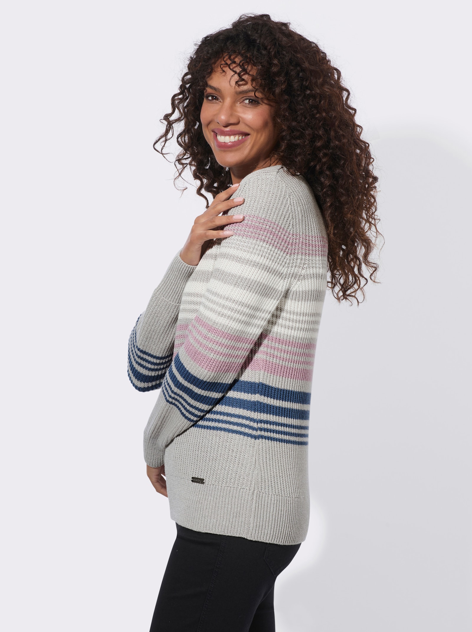 Langarm-Pullover im Ringelmuster - steingrau-rauchblau
