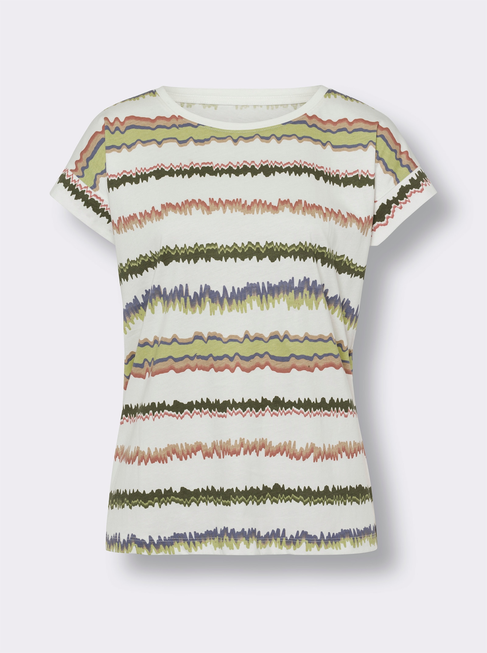 Rundhalsshirt aus reiner Baumwolle - ecru-khaki-bedruckt