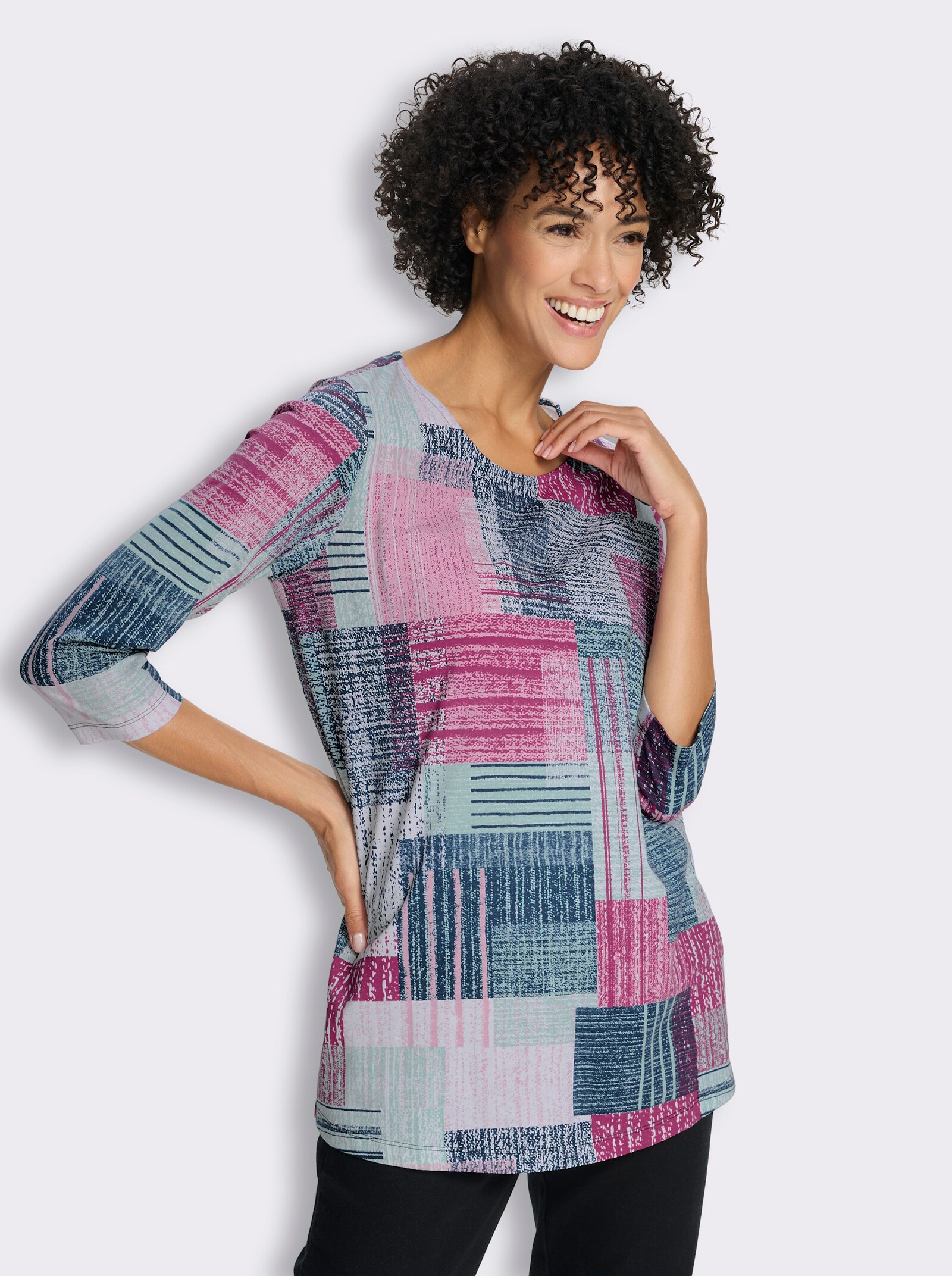 Longshirt in leicht ausgestellter Form - kalkmint-dunkelblau-bedruckt