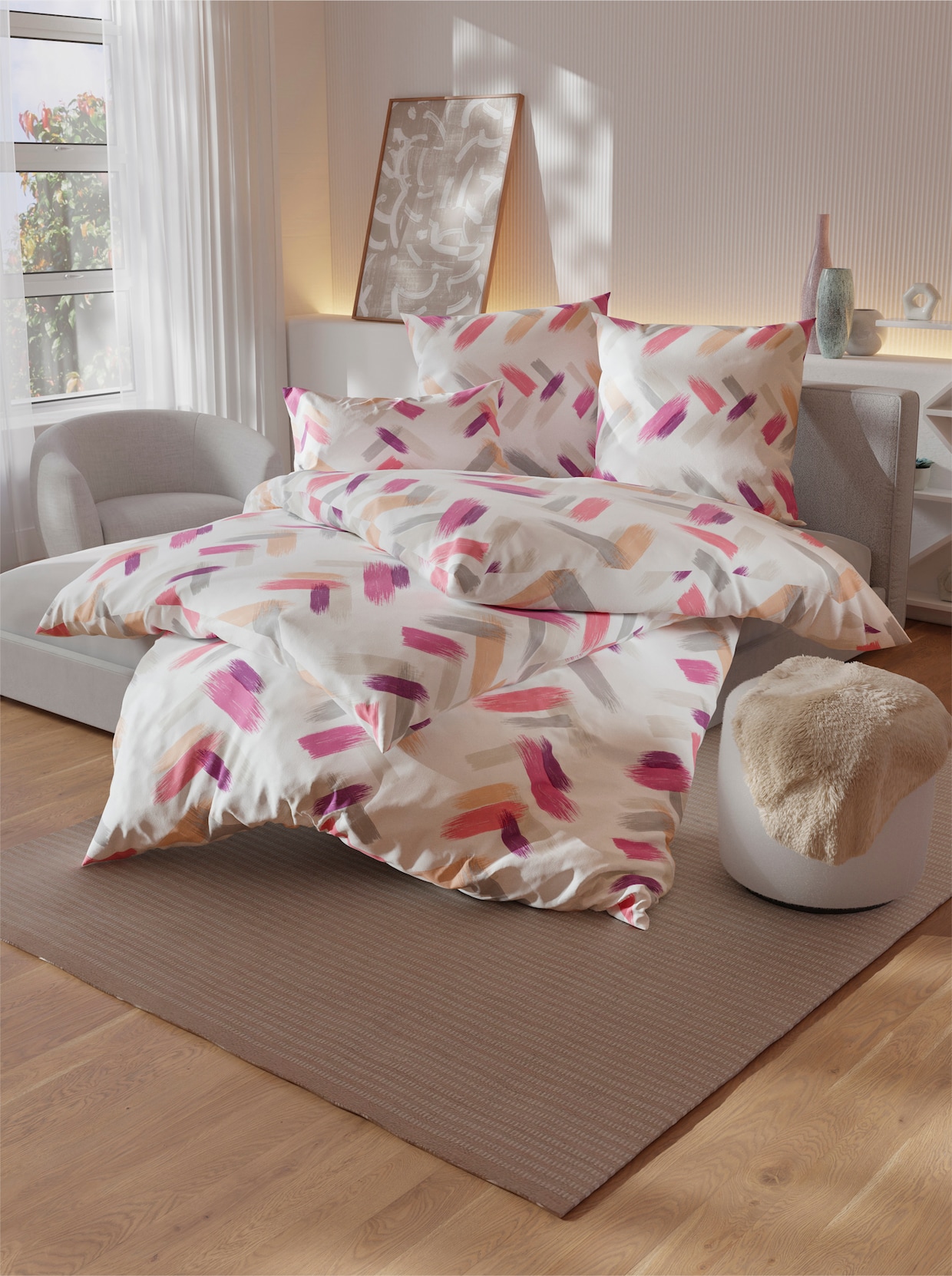 Biberna Bettwäsche - weiß-altrosa-bedruckt