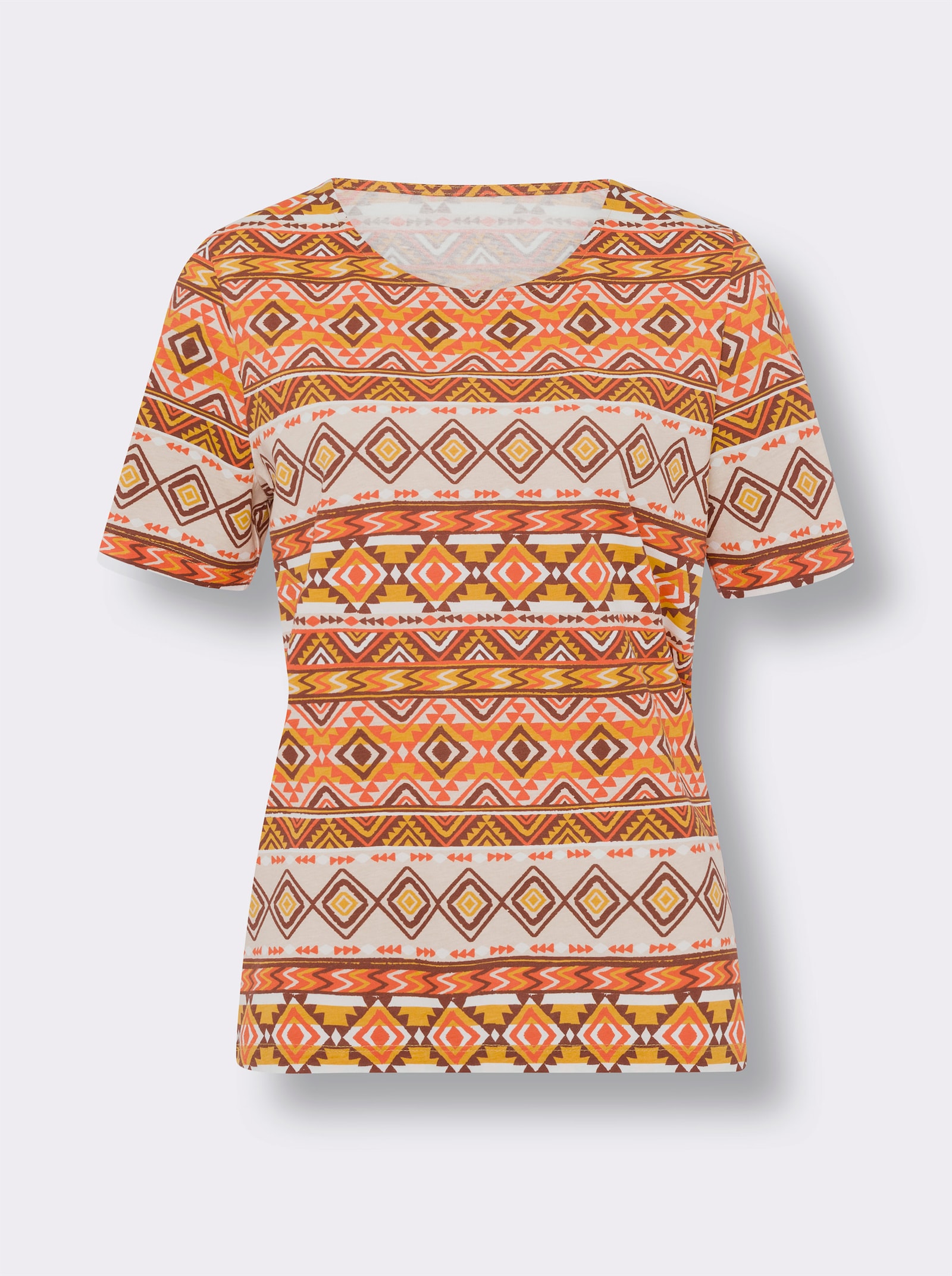 Tričko, krátke rukávy, etno vzor, bavlna - Oranžovo-červenohnedá potlač