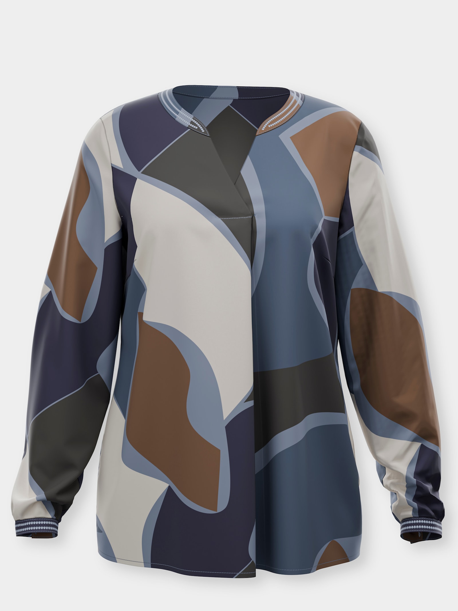 Langarm-Bluse in Satin-Qualität - rauchblau-champagner-bedruckt