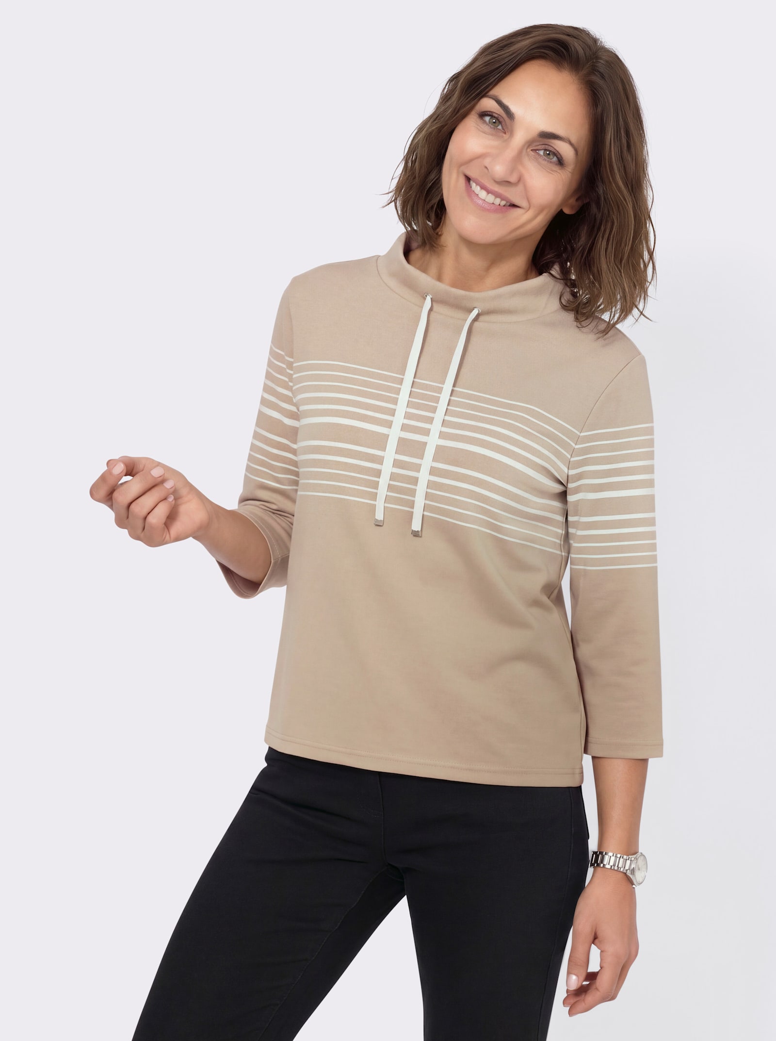 Sweatshirt mit Stehkragen - beige-ecru-geringelt