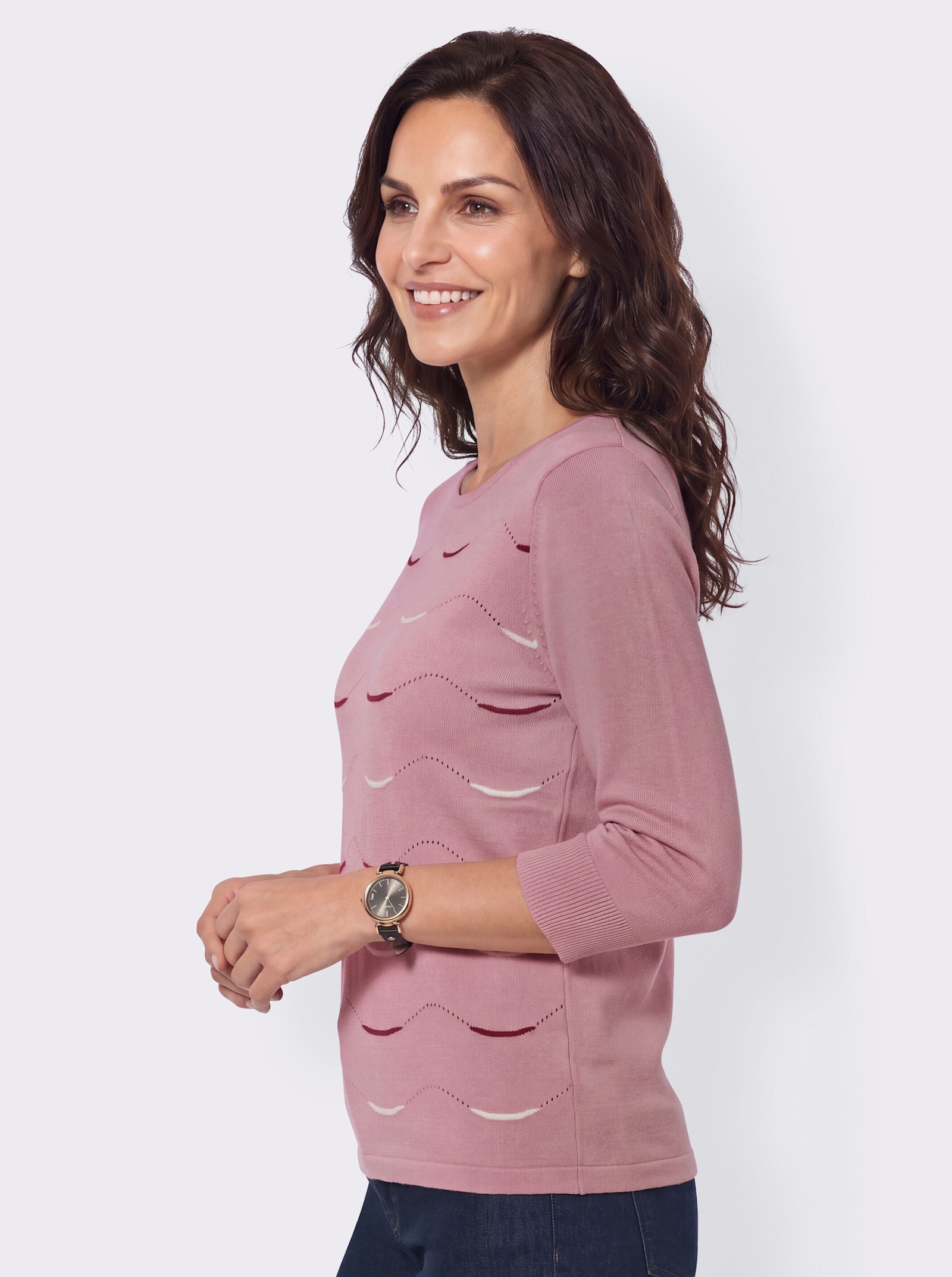 3/4-Arm-Pullover mit Wellenmuster - rosé-ecru
