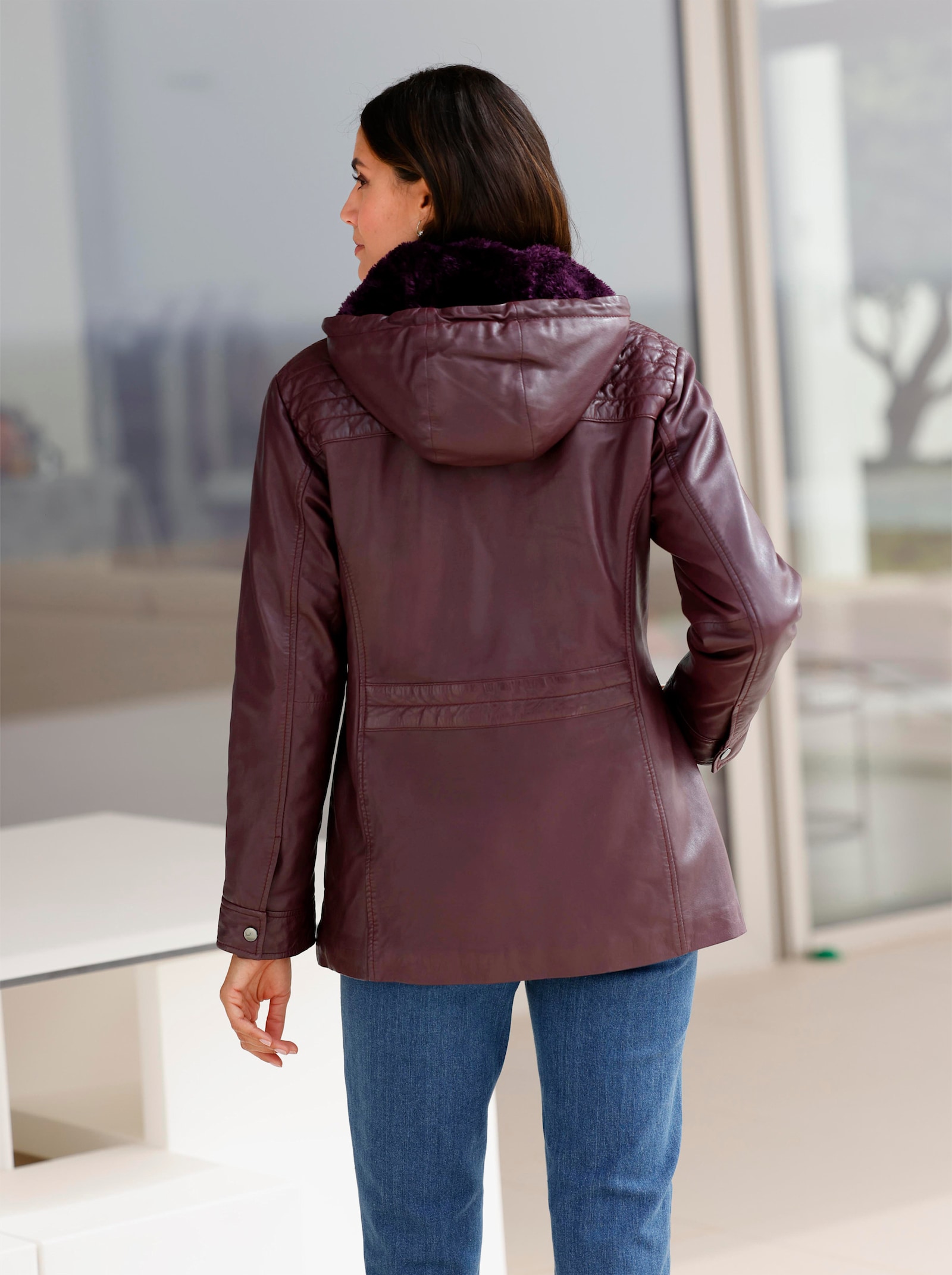 Lederjacke mit abnehmbarer Kapuze - burgund