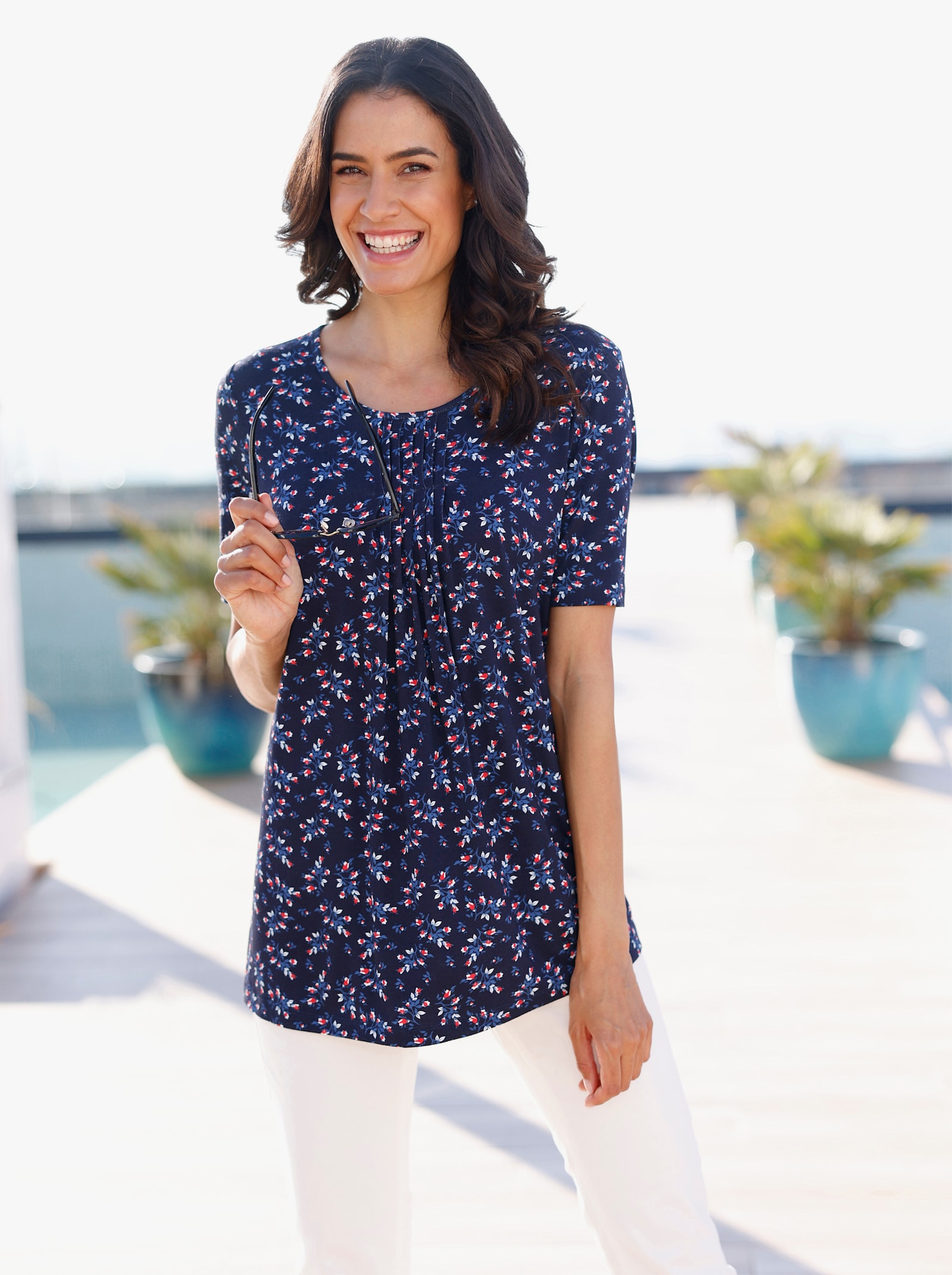 Tunikashirt mit Biesen - marine-erdbeere-bedruckt