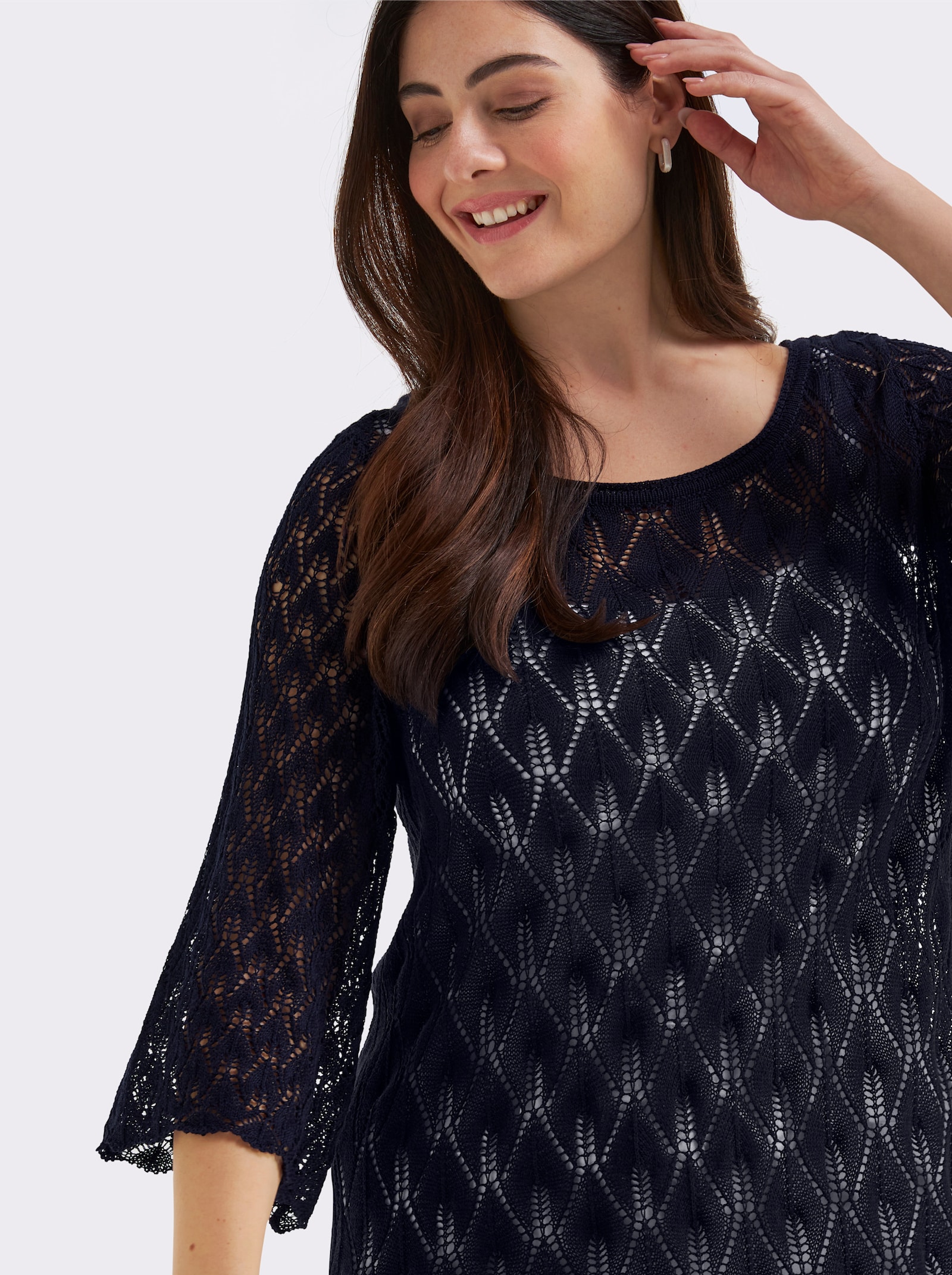 sheego Ajourpullover mit 3/4-Trompetenärmeln - tiefblau