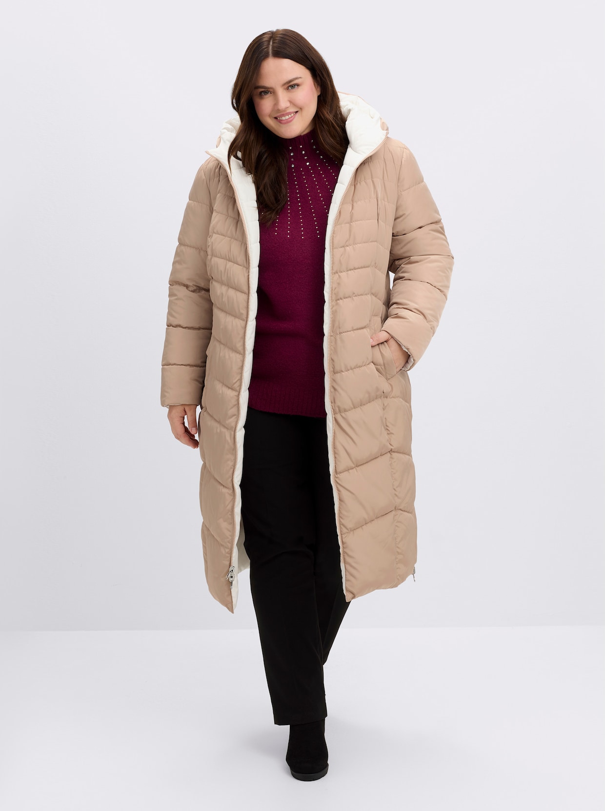 Steppmantel mit Wende-Funktion - ecru-taupe