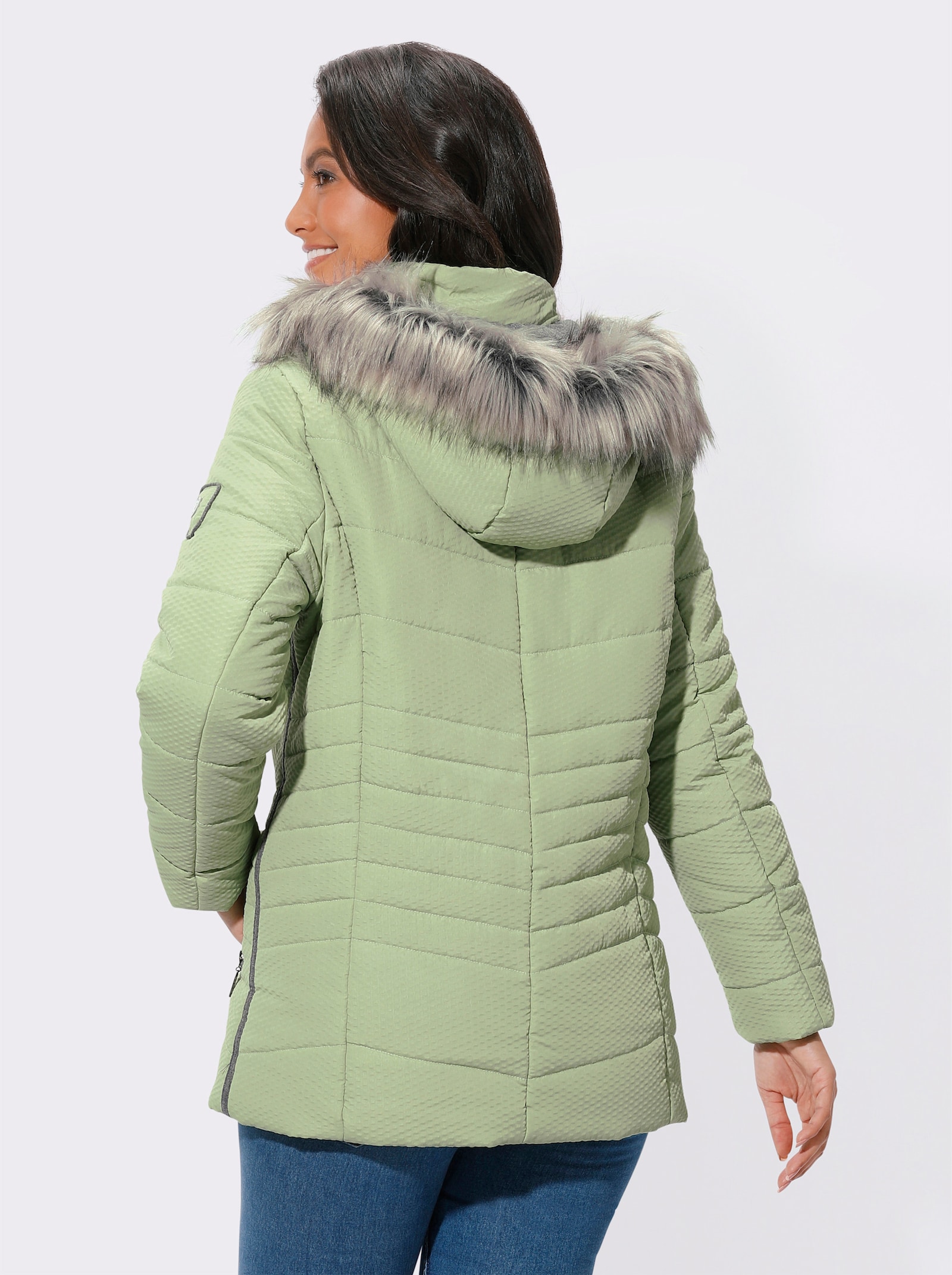 Steppjacke mit abnehmbarem Pelz-Imitat - eucalyptus