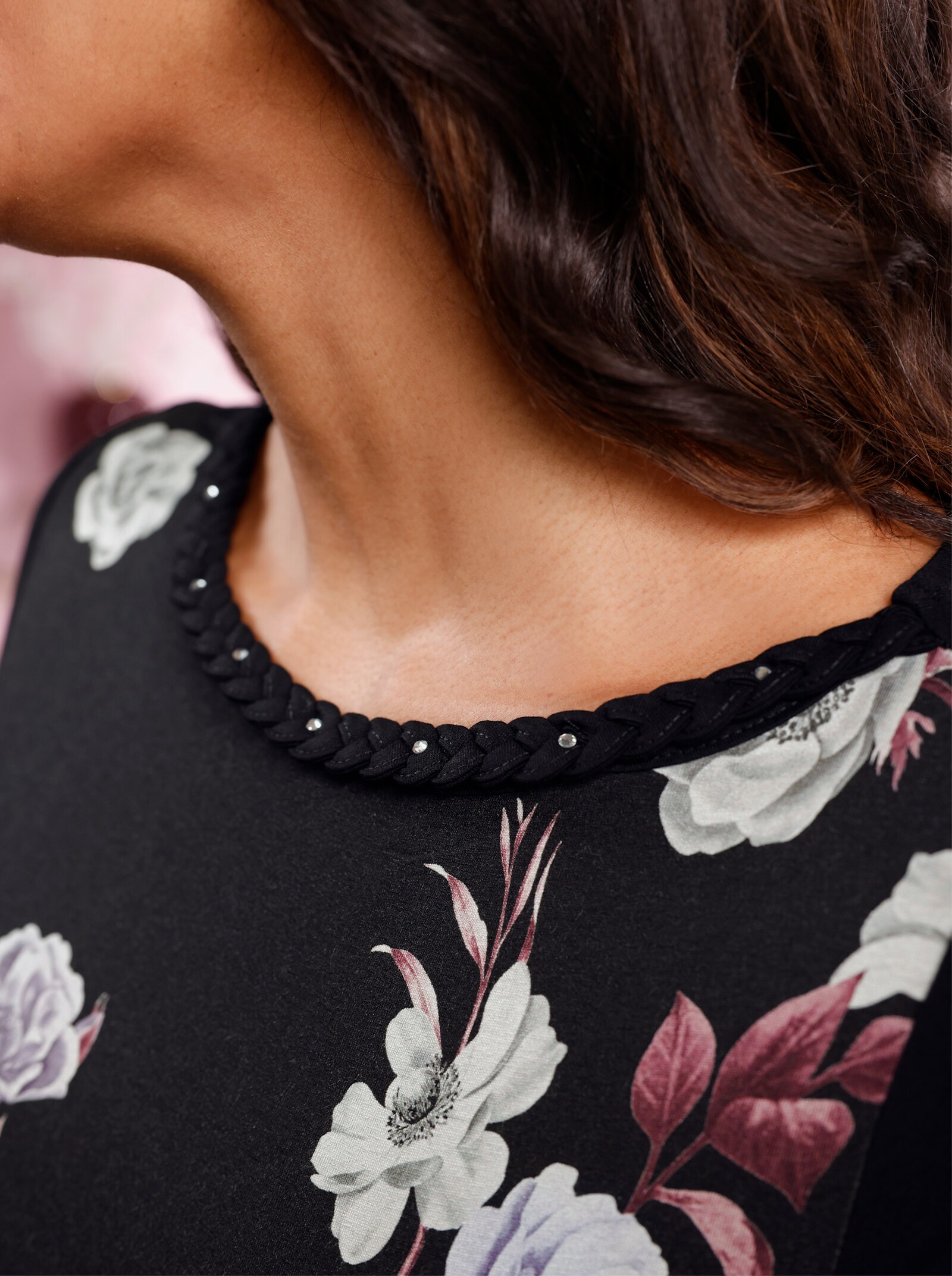 3/4-Arm-Shirt mit Glitzersteinchen - schwarz-flieder-bedruckt