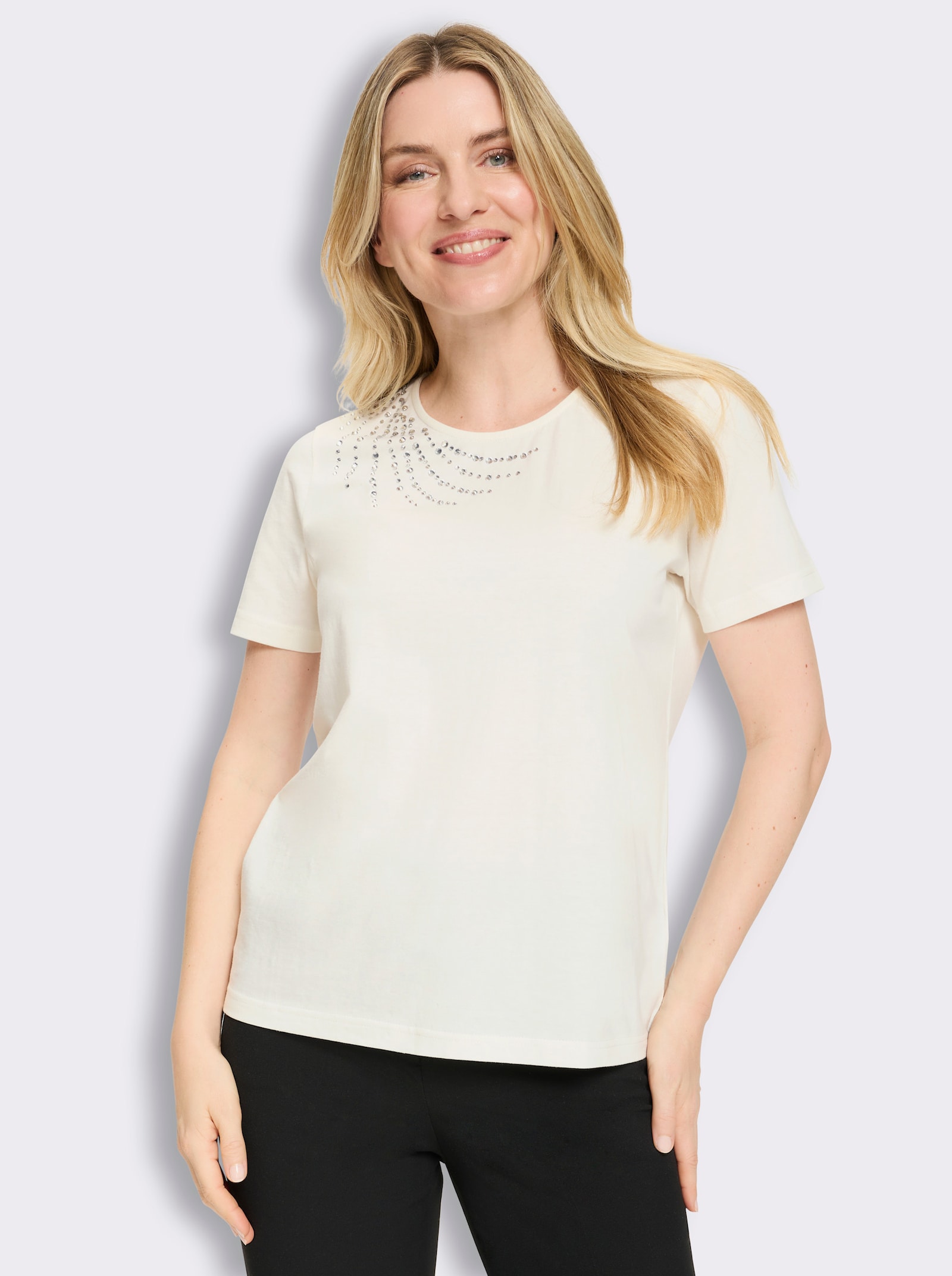 Kurzarmshirt mit Glitzersteinchen - ecru