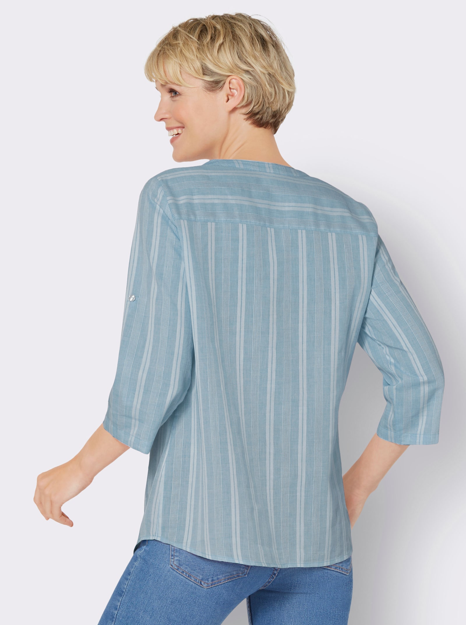 Schlupfbluse mit garngefärbtem Streifen - ozean-ecru-gestreift