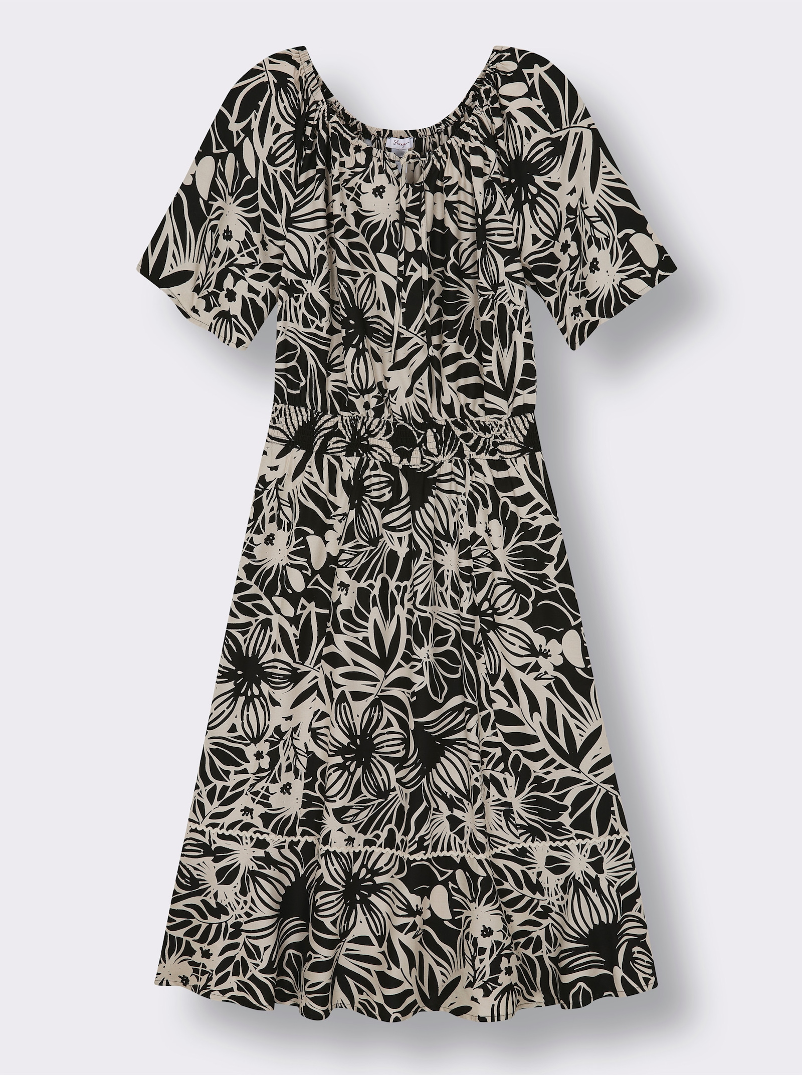 sheego Maxikleid mit floralem Alloverdruck - schwarz-sand-bedruckt