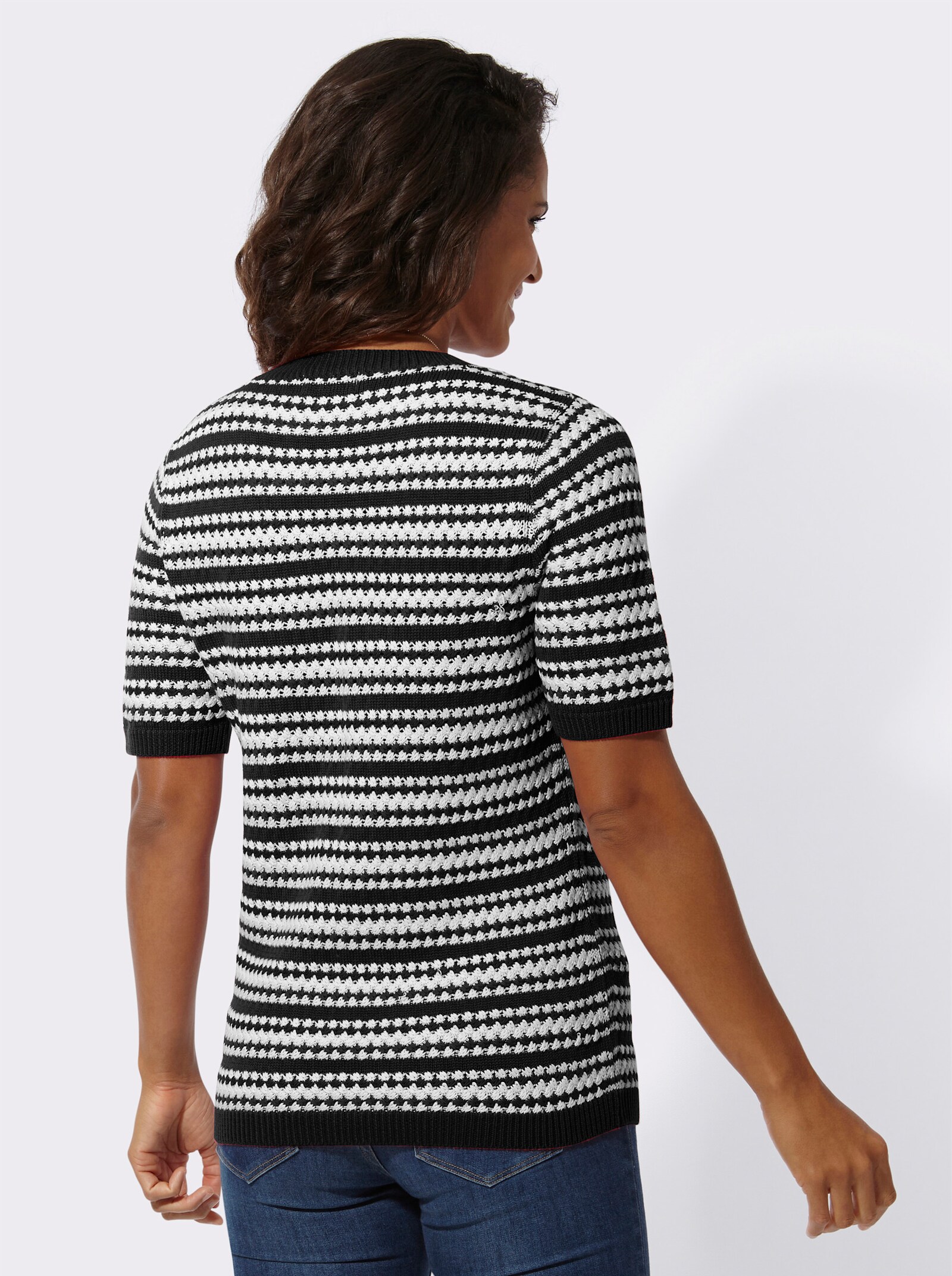 Kurzarmpullover mit Rundhals-Ausschnitt - schwarz-weiß-gemustert