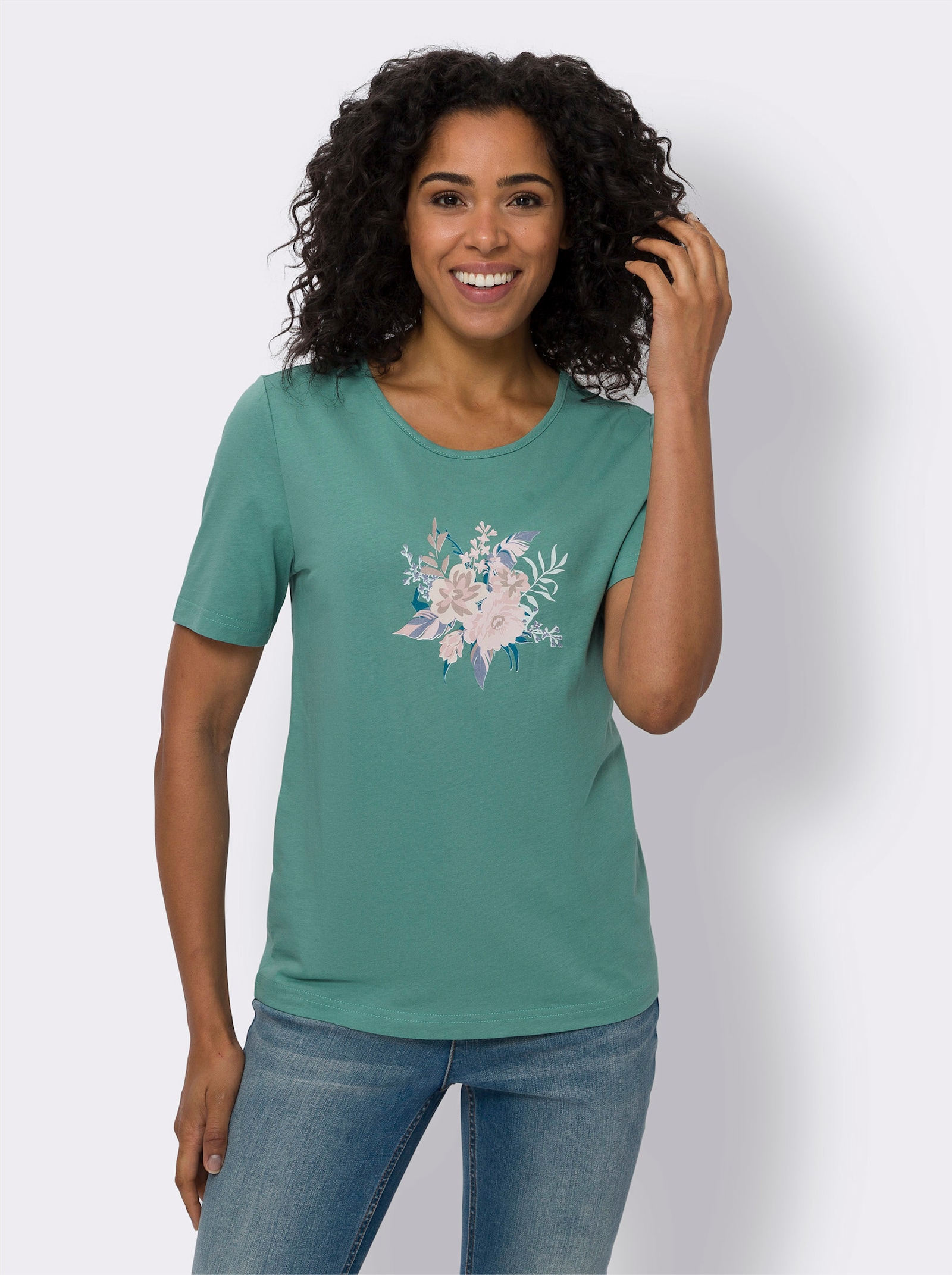 Kurzarmshirt mit Blumen-Federn-Druck - jade-taubenblau