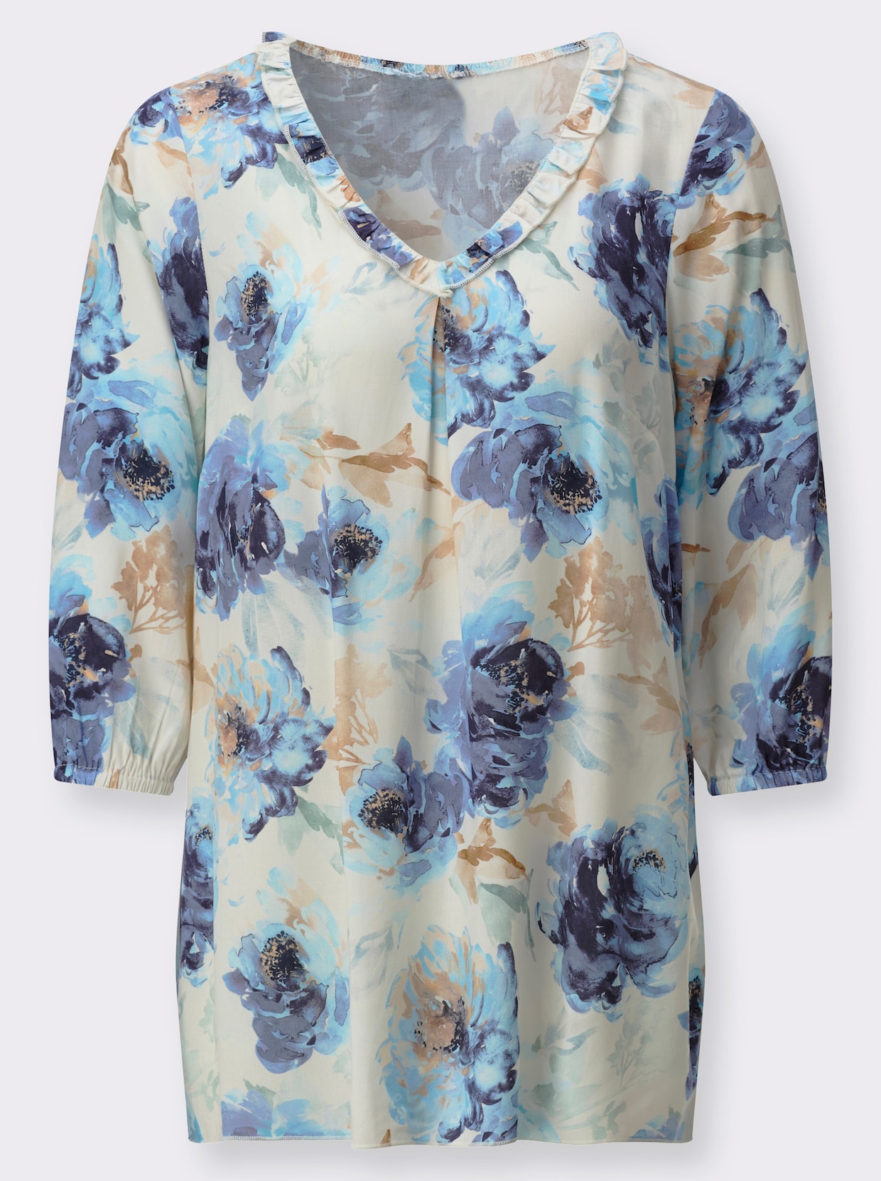 Longbluse - champagner-bleu-bedruckt