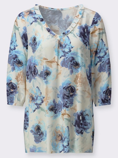 Longbluse aus reiner VIskose - champagner-bleu-bedruckt