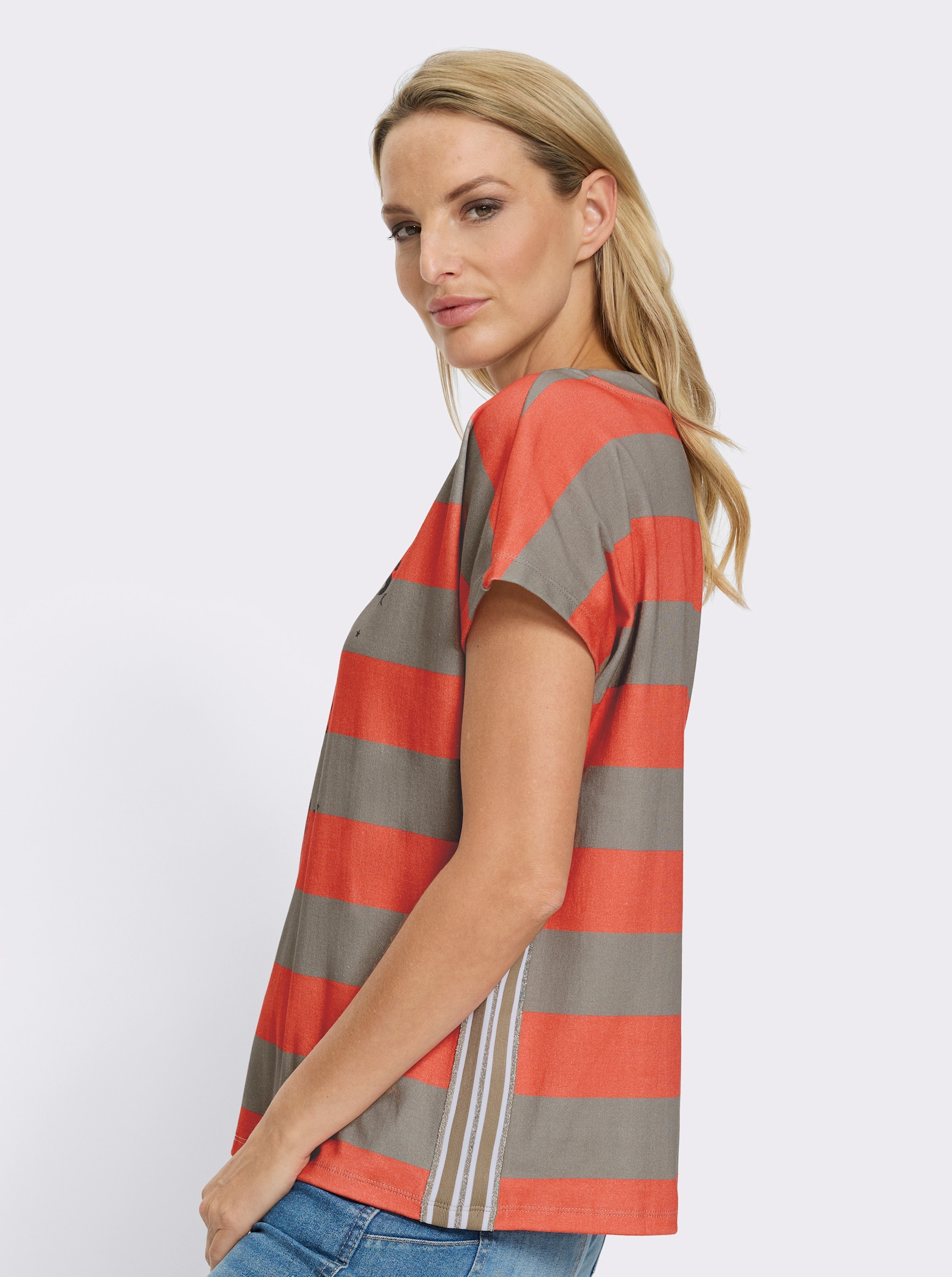 heine T-Shirt mit Glitzerdruck - koralle-sesam-geringelt