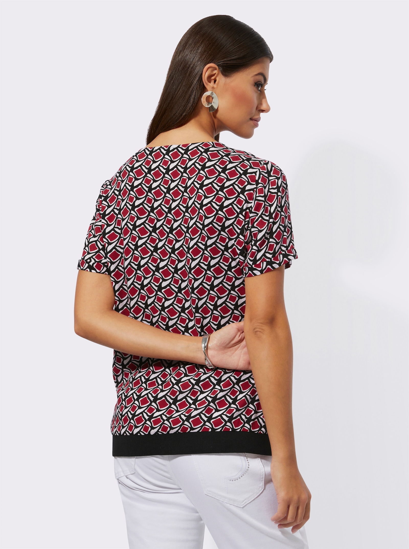 Druckbluse mit langem Reißverschluss - rot-schwarz-bedruckt